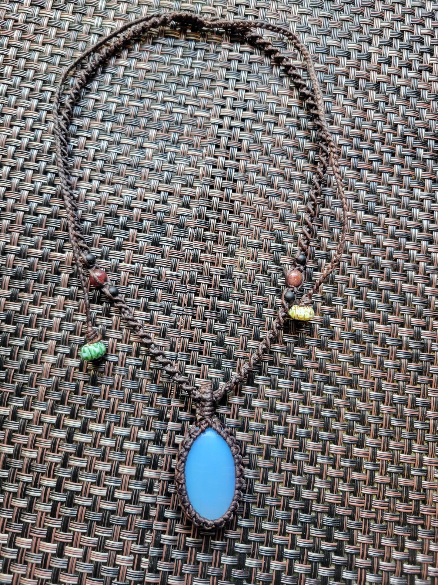 Opalite Macramé Necklace – Simple Boho Pendant with Stone Beads & Adjustable Brown Cord