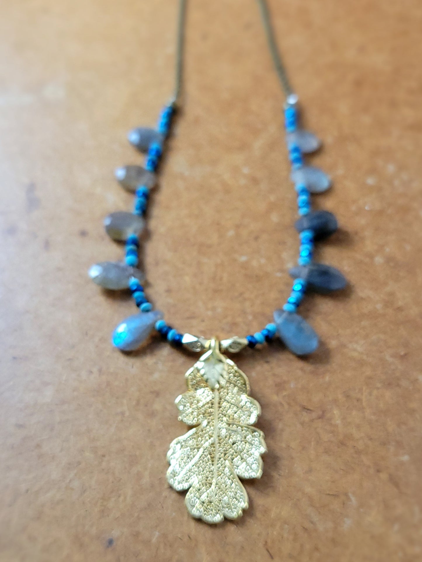 Vintage Brass Leaf Pendant Necklace with boho mystical style