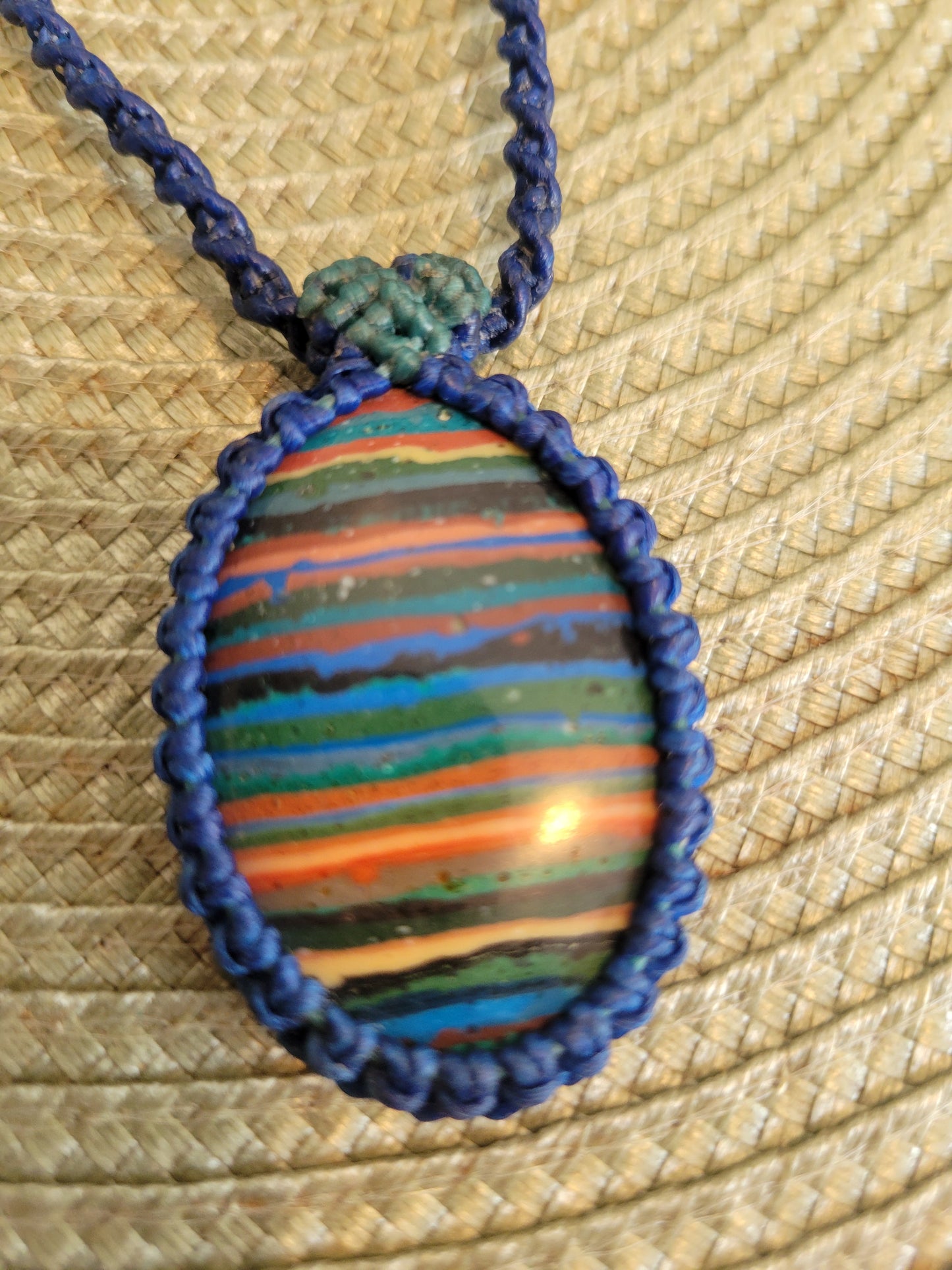 Vivid Rainbow Calsilica Pendant Necklace – Purple Waxed Cotton Cord, Adjustable