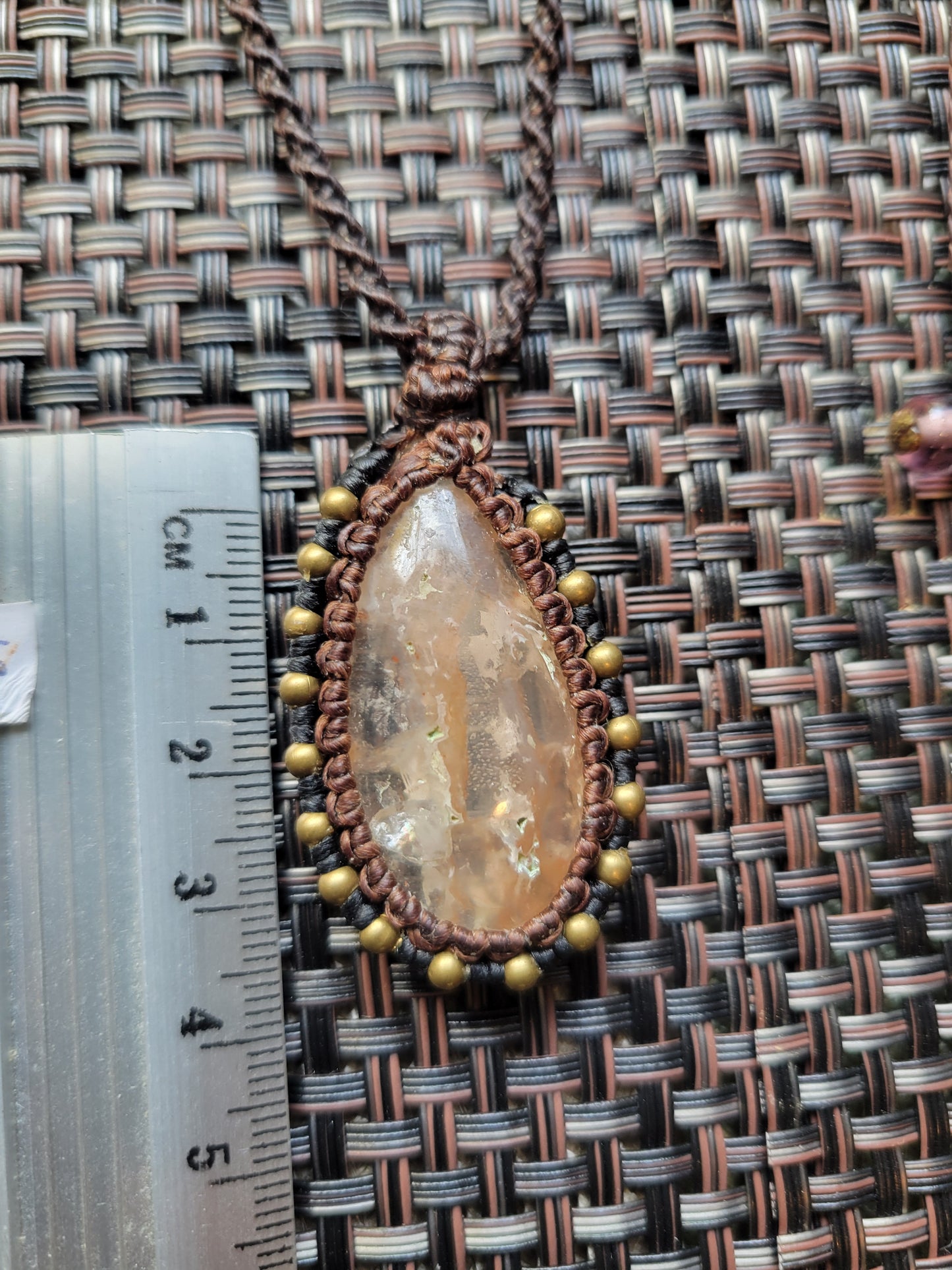 Pink Plume Agate Pendant Necklace – Handcrafted Teardrop Stone with Brass Accents