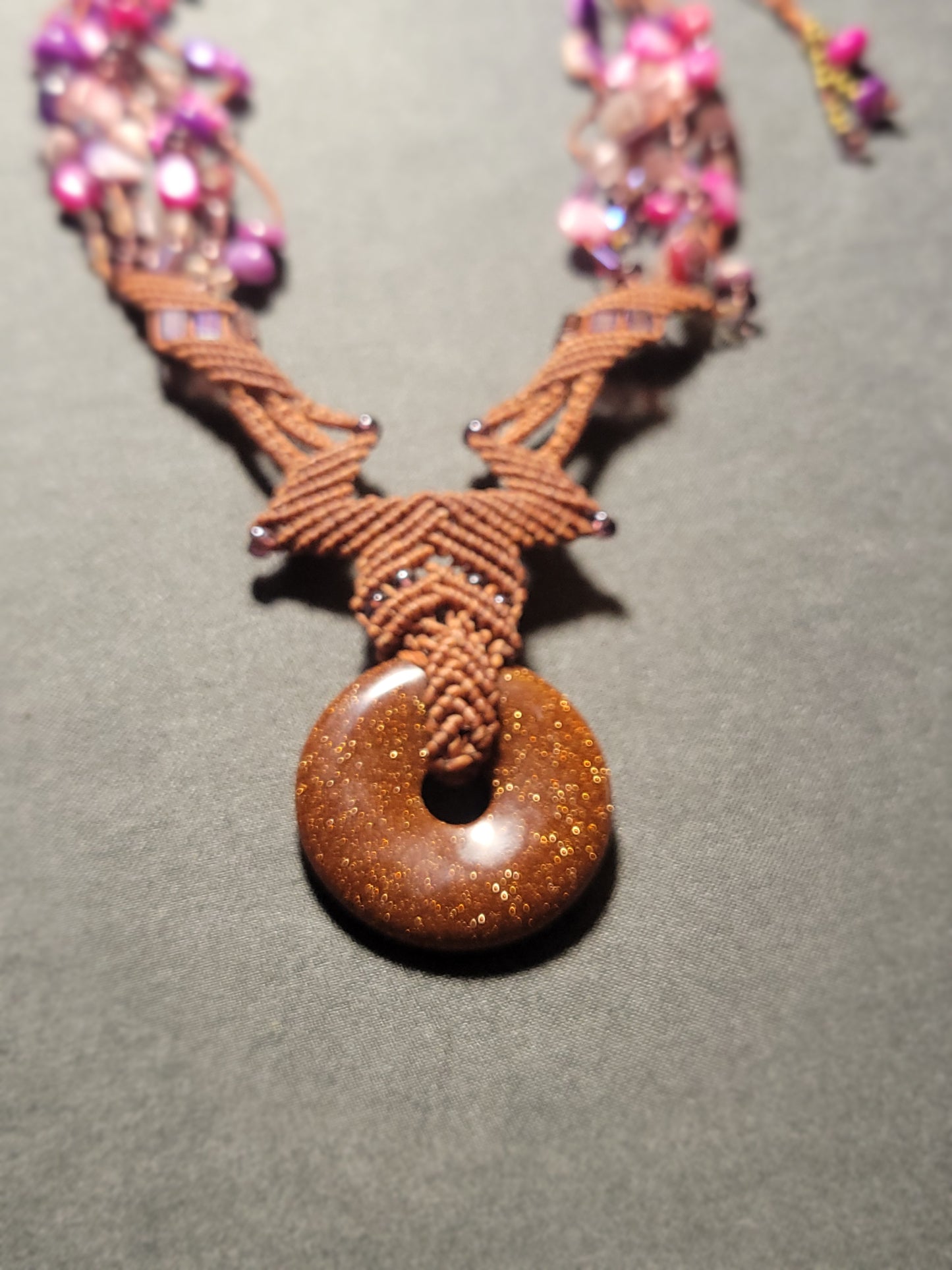 Goldstone Ring Macramé Necklace – Boho Tribal Design with Multicolored Beaded Strands