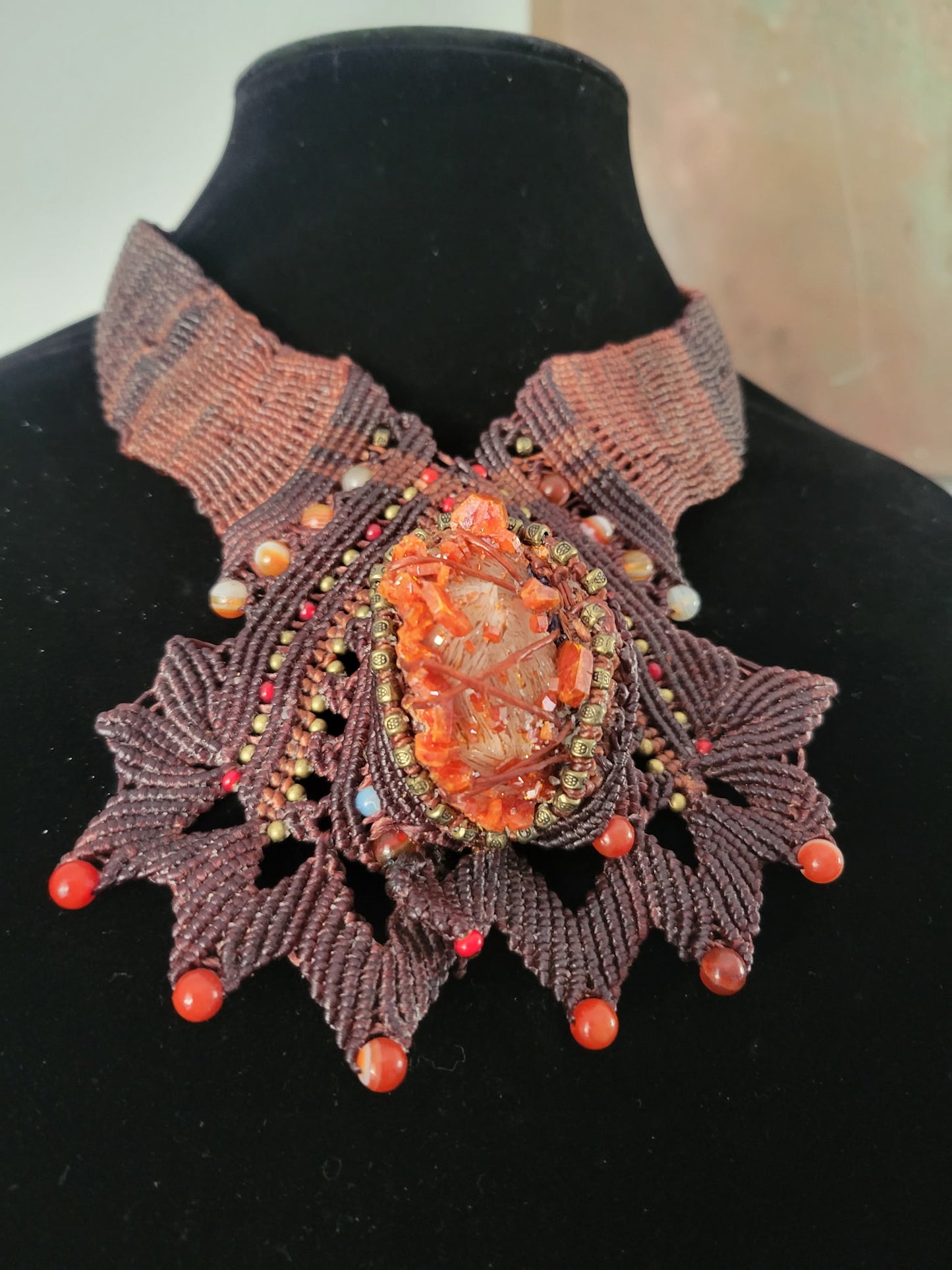 Vanadinite Macramé Choker Necklace – Handcrafted Red Crystal with Brass & Agate Accents