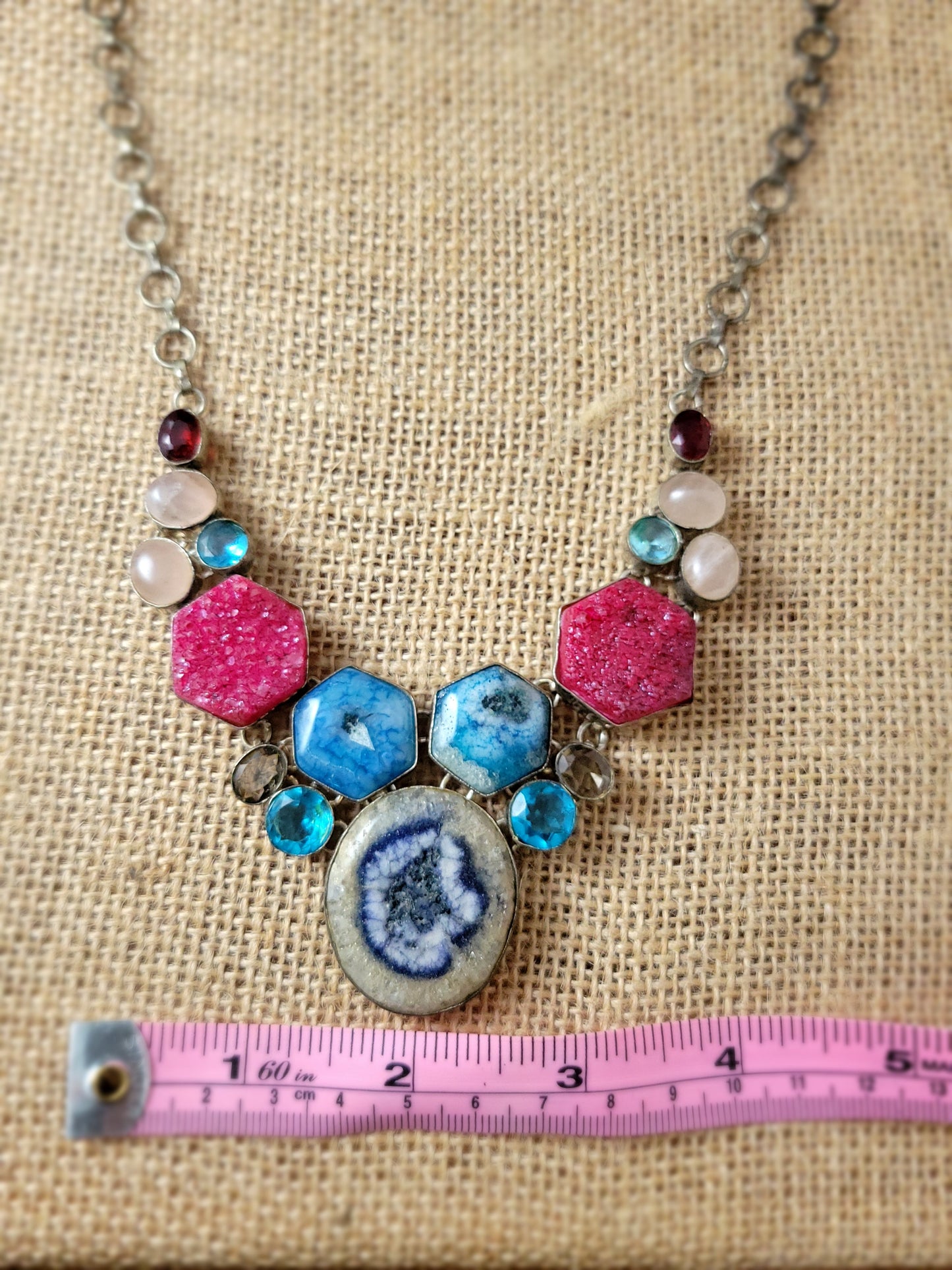 Vintage Colorful Multi Gemstone Pendant Necklace with Agate Topaz Quartz