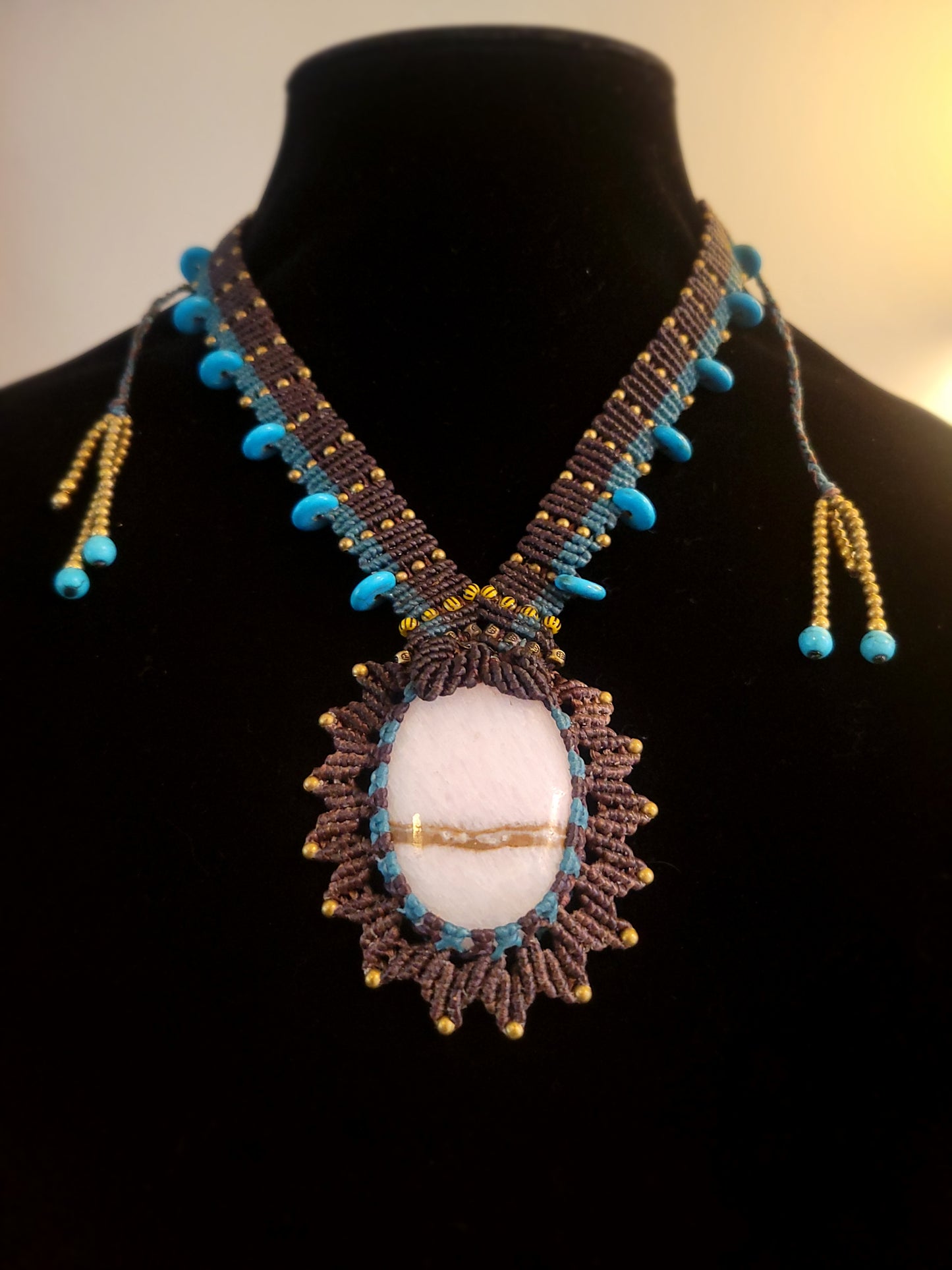 Pink Calcite Pendant Necklace – Brown and Blue Macrame with Antique Brass and Blue Beads