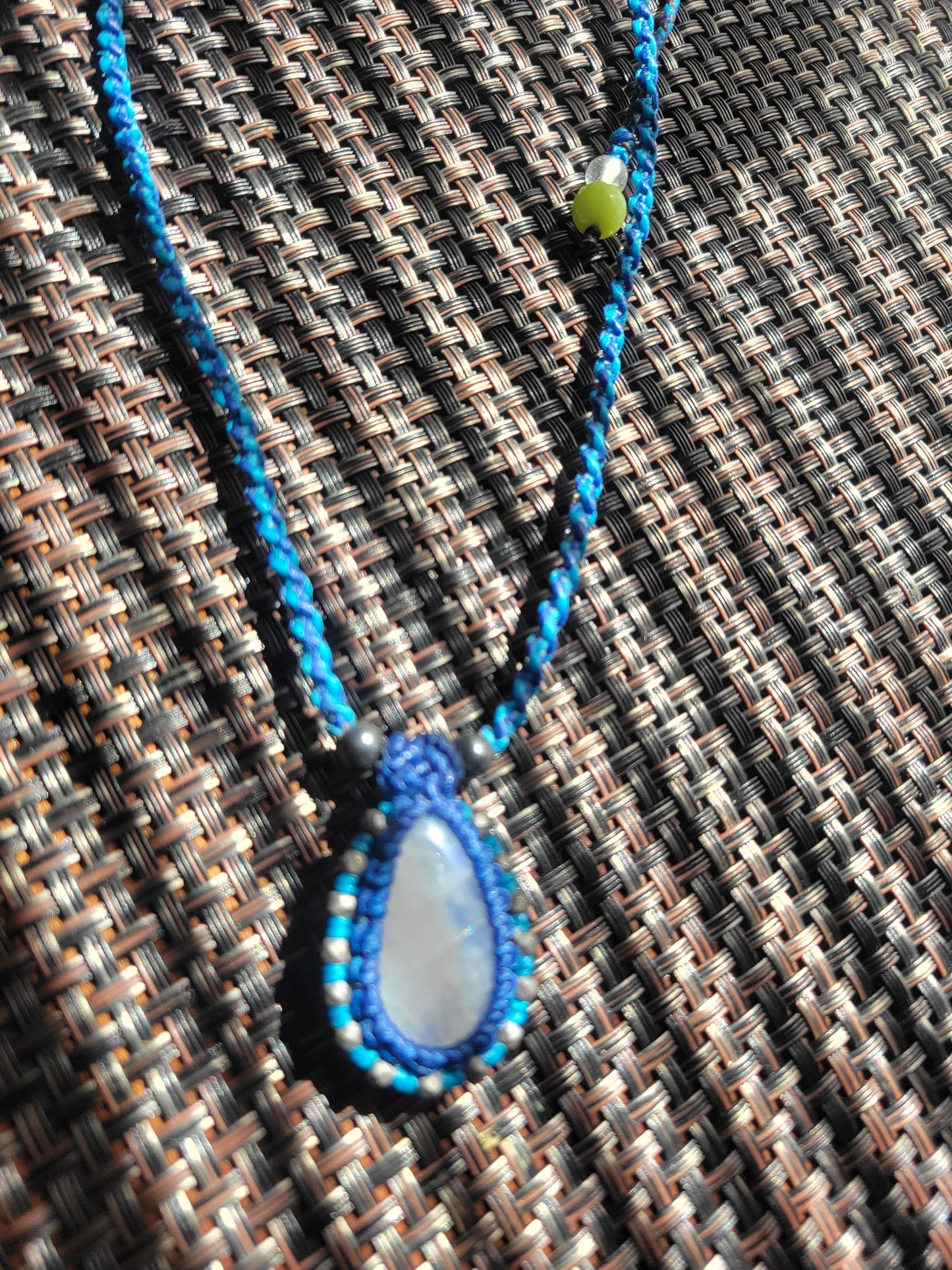 Rainbow Moonstone Macramé Necklace – Boho Blue Pendant with Brass & Bead Accents