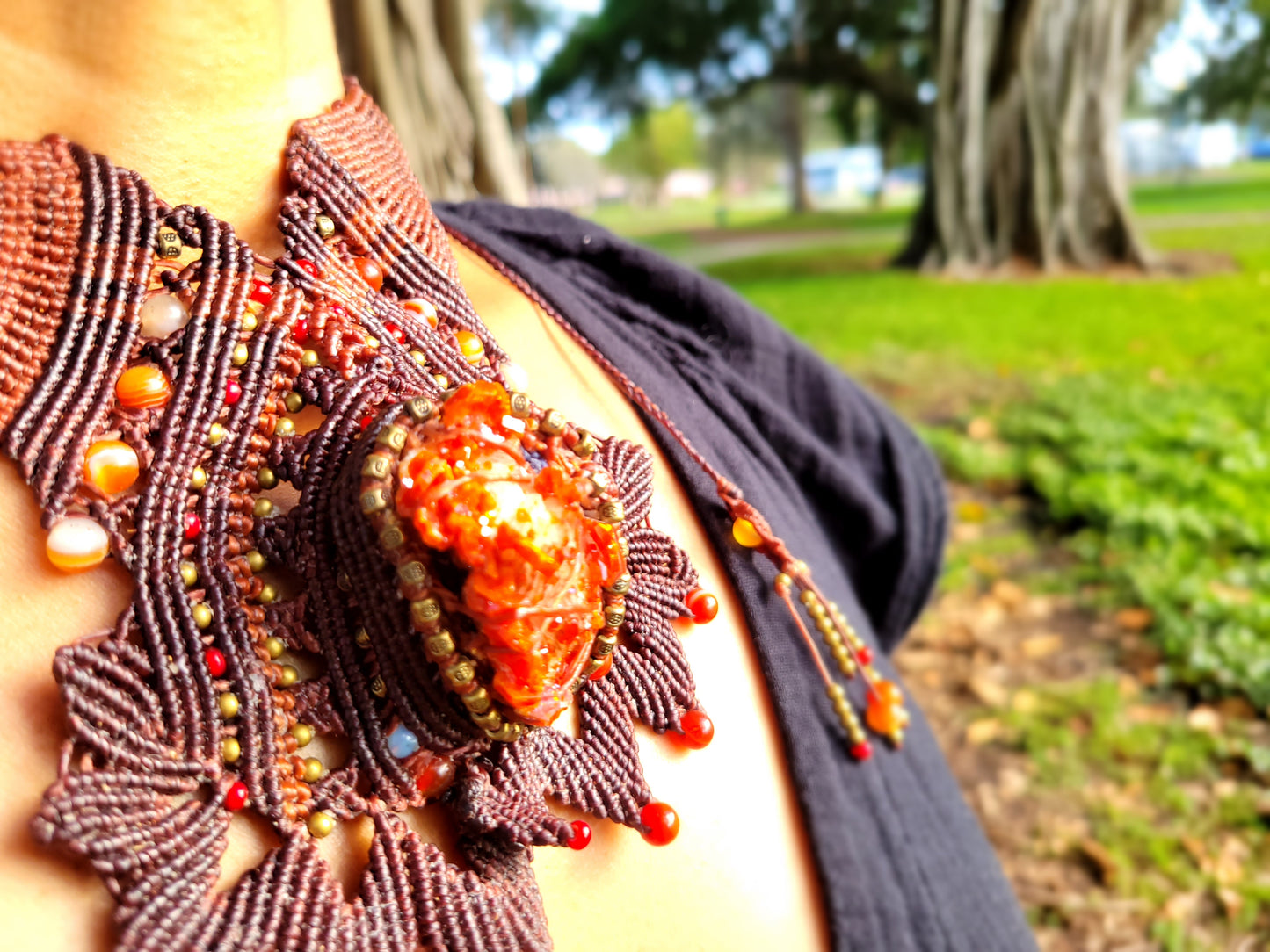 Vanadinite Macramé Choker Necklace – Handcrafted Red Crystal with Brass & Agate Accents