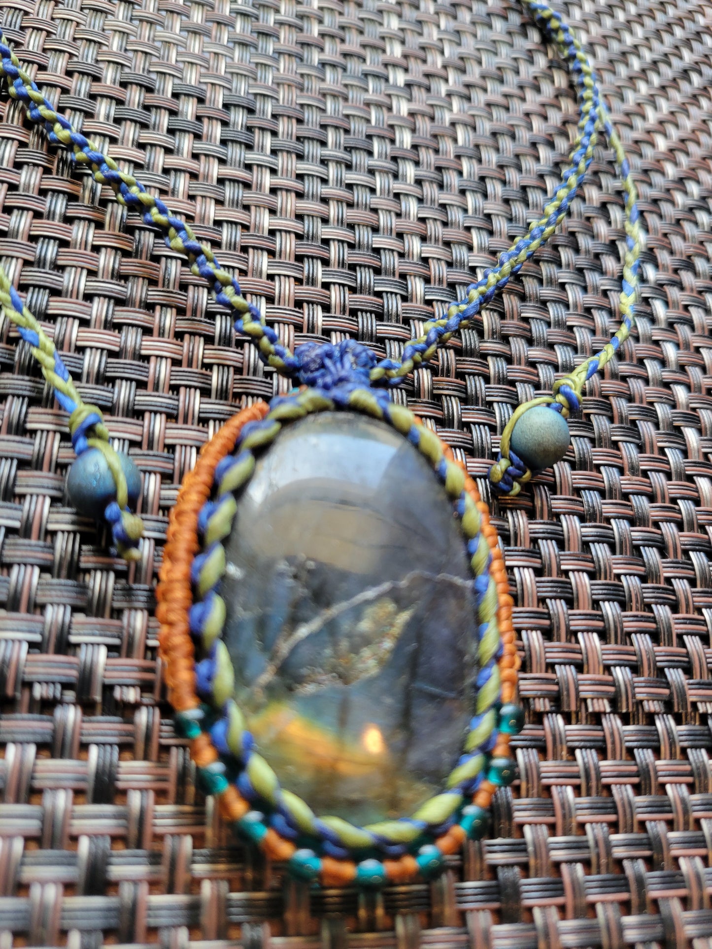 “Elemental Skies” – Labradorite Pendant Necklace, Multicolored Cord Wrap (Green, Blue, Orange), Adjustable Festival Jewelry