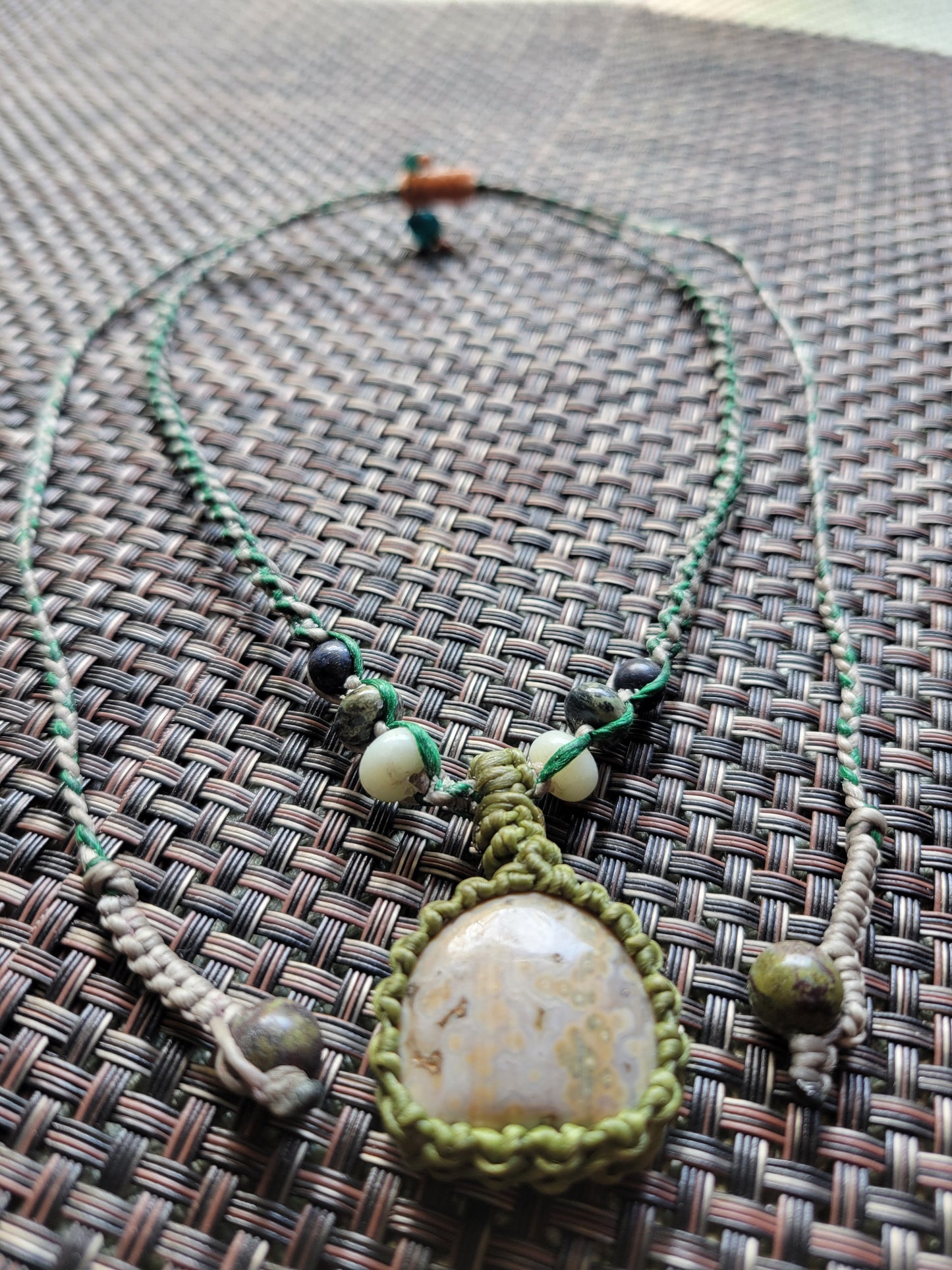 “Soft Earth” – Cream Jasper Pendant Necklace, Light & Dark Green Macramé with Stone Beads, Adjustable for All Ages