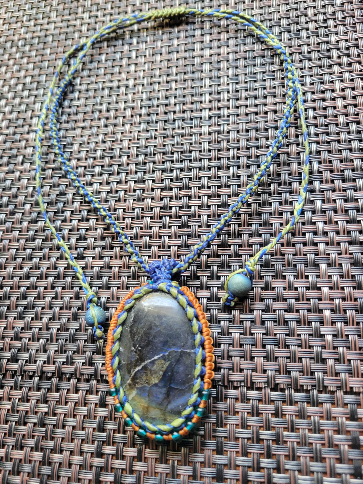 “Elemental Skies” – Labradorite Pendant Necklace, Multicolored Cord Wrap (Green, Blue, Orange), Adjustable Festival Jewelry