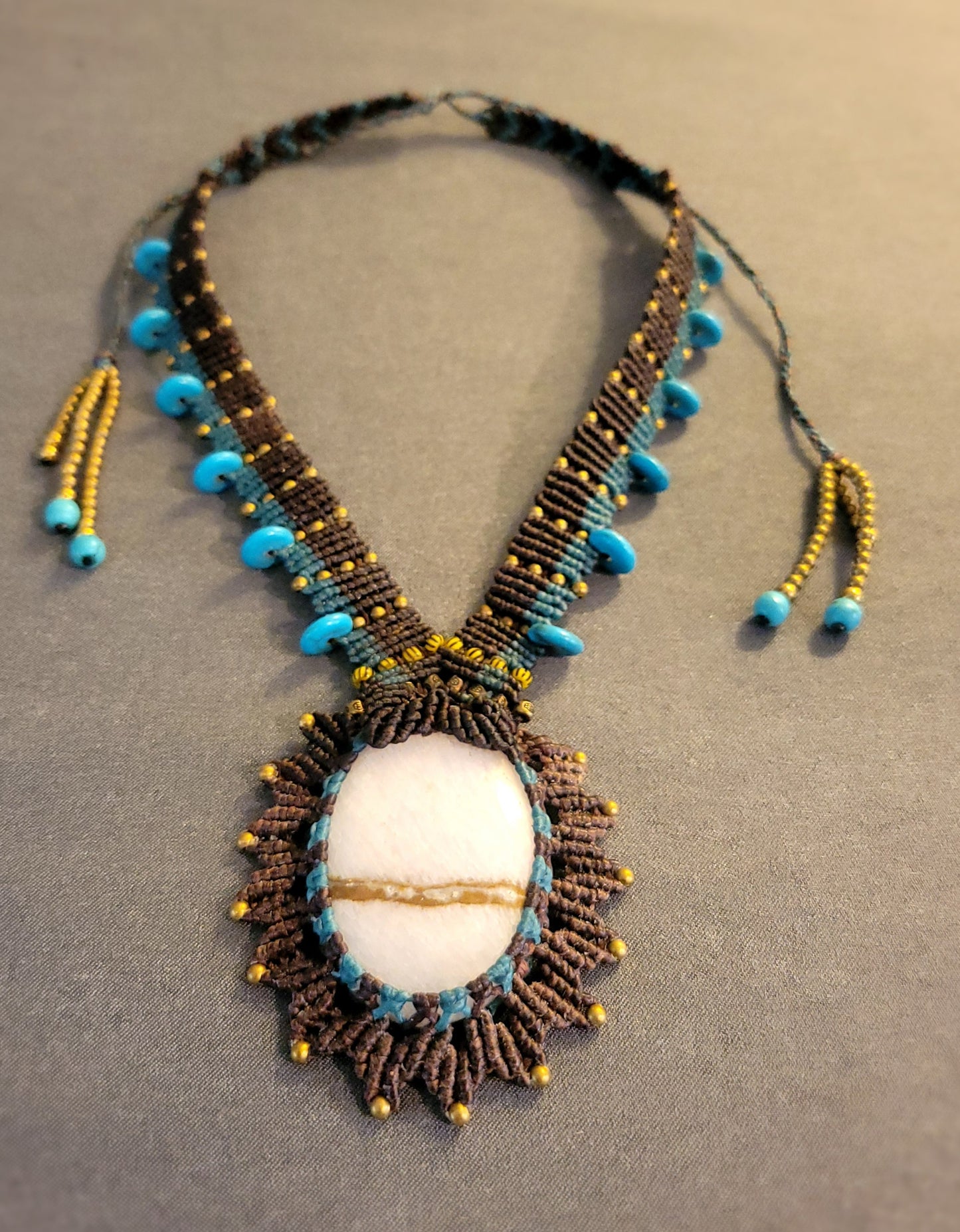Pink Calcite Pendant Necklace – Brown and Blue Macrame with Antique Brass and Blue Beads