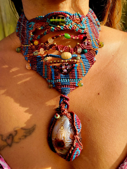 Botswana Agate Pendant – Tribal Medicine Woman Choker with natural stone beads and intricate micromacramé design.
