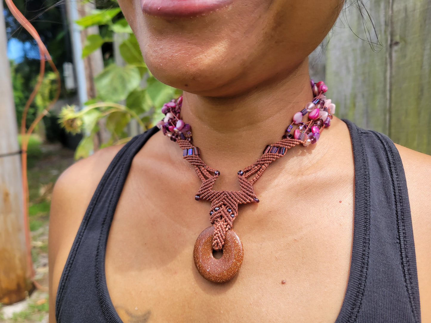 Goldstone Ring Macramé Necklace – Boho Tribal Design with Multicolored Beaded Strands