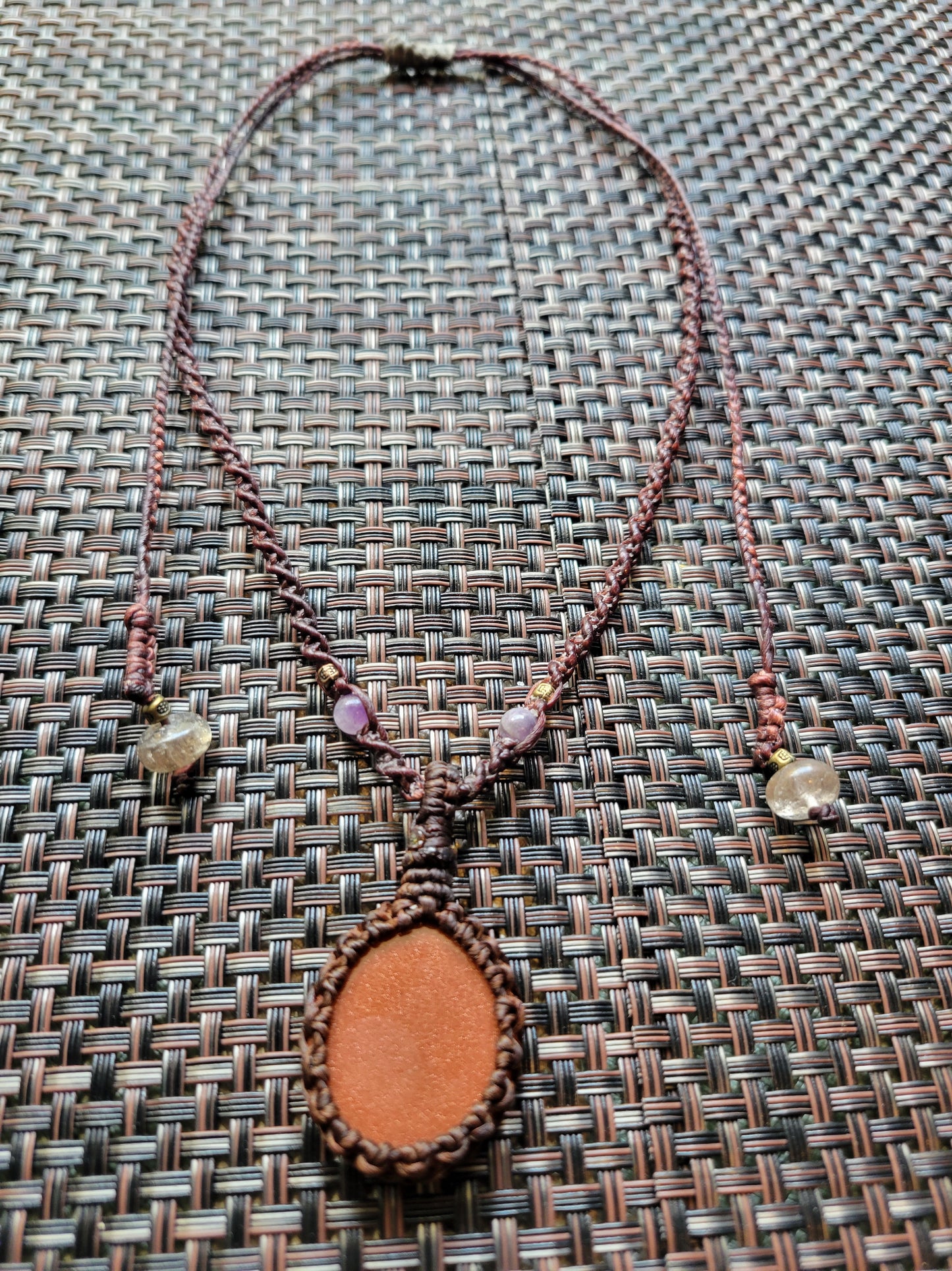 Gold Sandstone Macramé Necklace – Brown Cord Pendant with Quartz Beads, Adjustable Fit