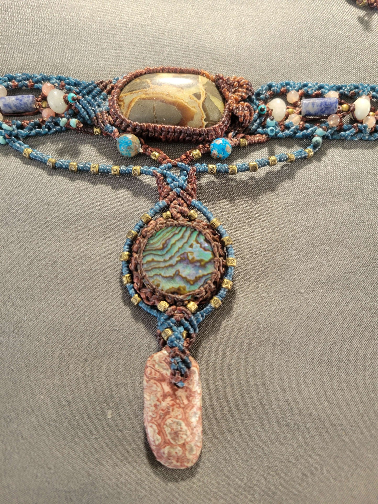 Polychrome Jasper & Crazy Lace Agate Macramé Necklace