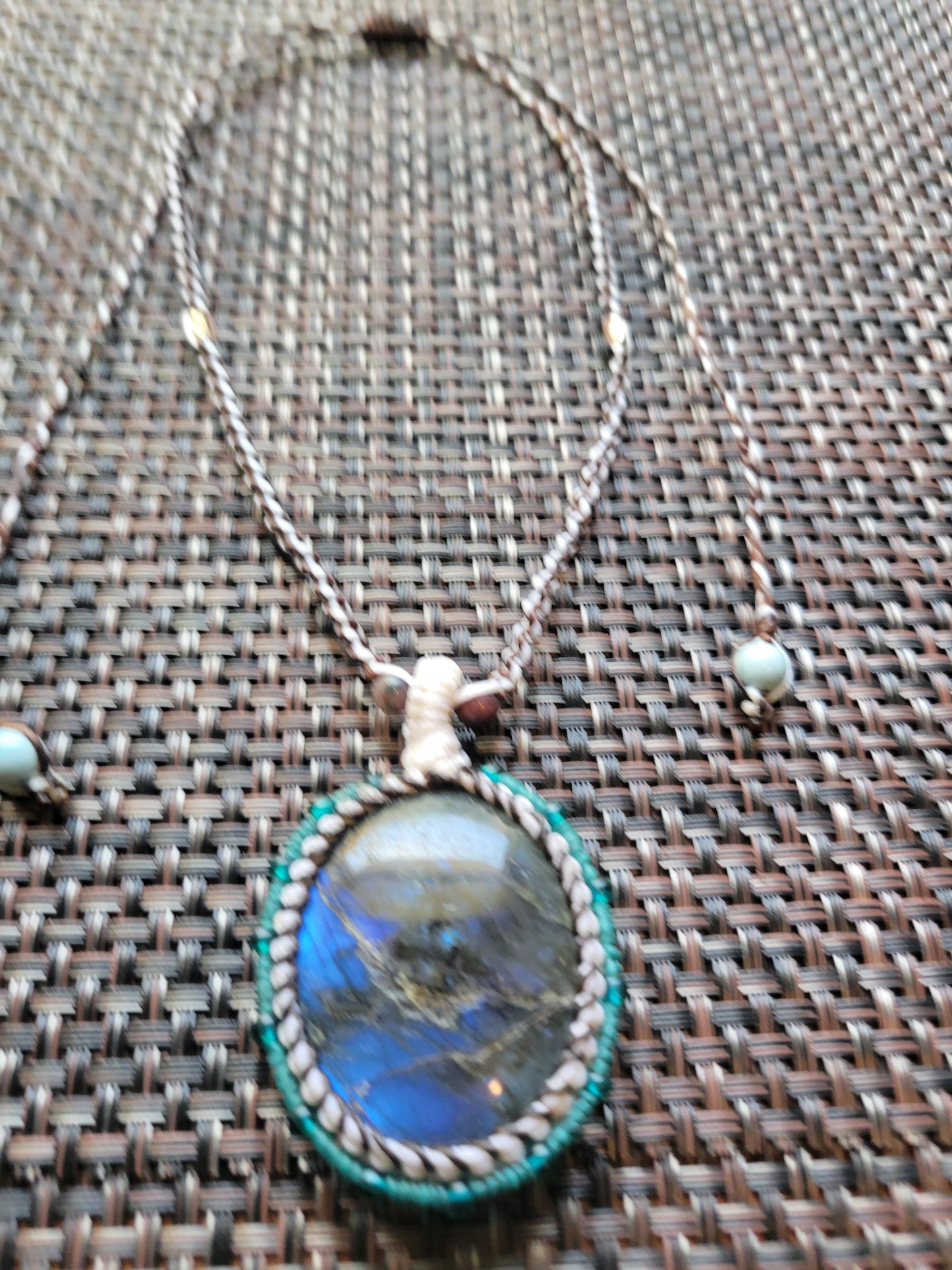 “Celestial Drift” – Vertical Oval Labradorite Pendant Necklace, Off-White & Aquamarine Cord, Adjustable