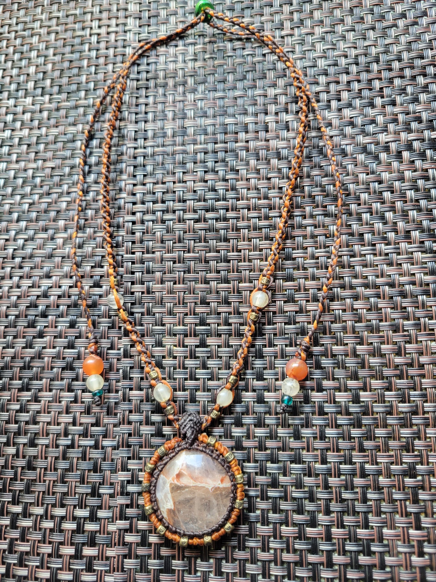 Plume Agate Pendant Necklace – Handwoven Boho Jewelry with Brass & Agate Accents