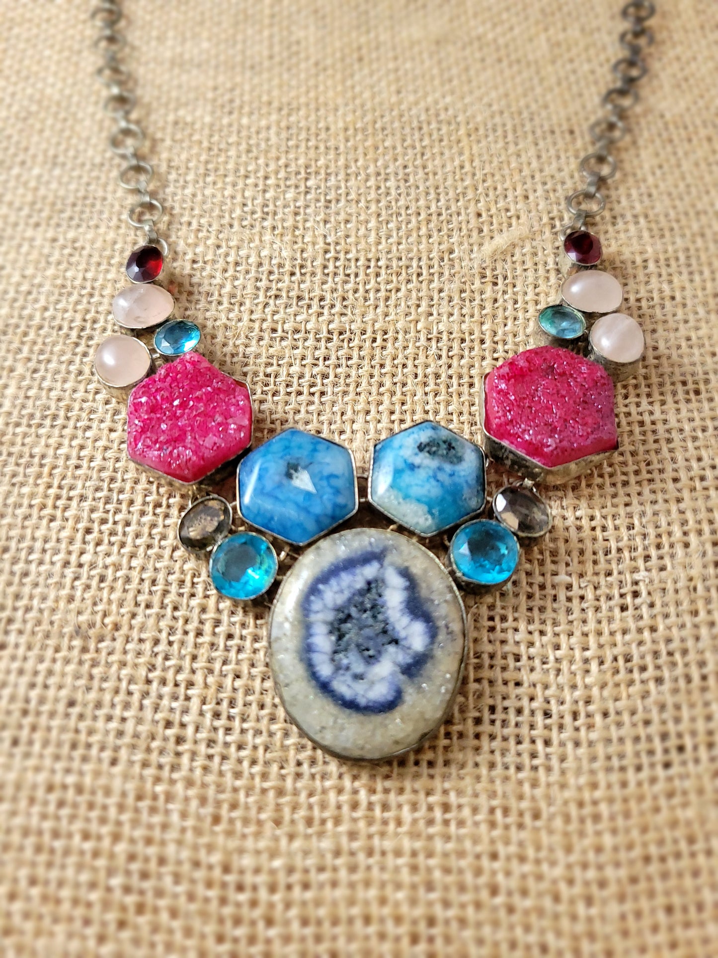 Colorful Multi Gemstone Pendant Necklace with Agate Topaz Quartz