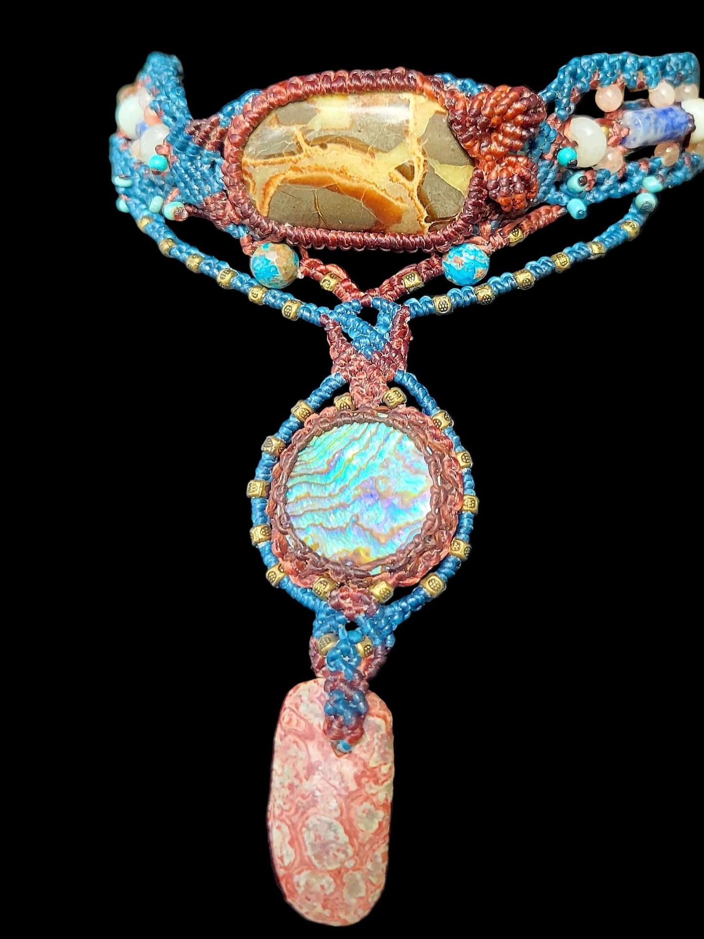 Polychrome Jasper & Crazy Lace Agate Macramé Necklace