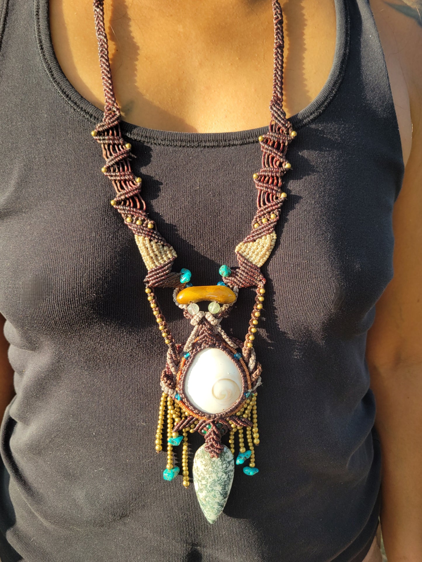 Snail Operculum, Tree Agate & Tiger’s Eye Adjustable Length Boho Hippie Necklace