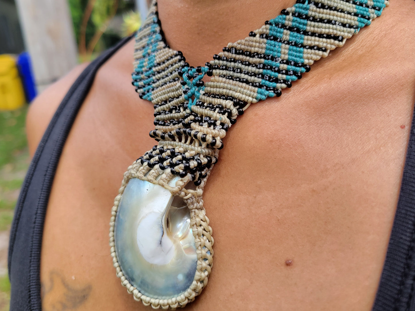 Nautilus Shell Macramé Choker – Boho Sea-Inspired Necklace with Blue & Black Accentsant elegant choker macrame necklace