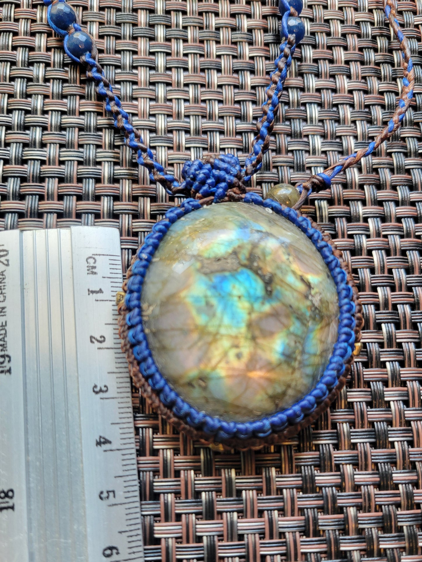 “Cosmic Bloom” – Labradorite Pendant Necklace with Lapis Lazuli Beads, Blue Cord, Adjustable for Spiritual Rebirth