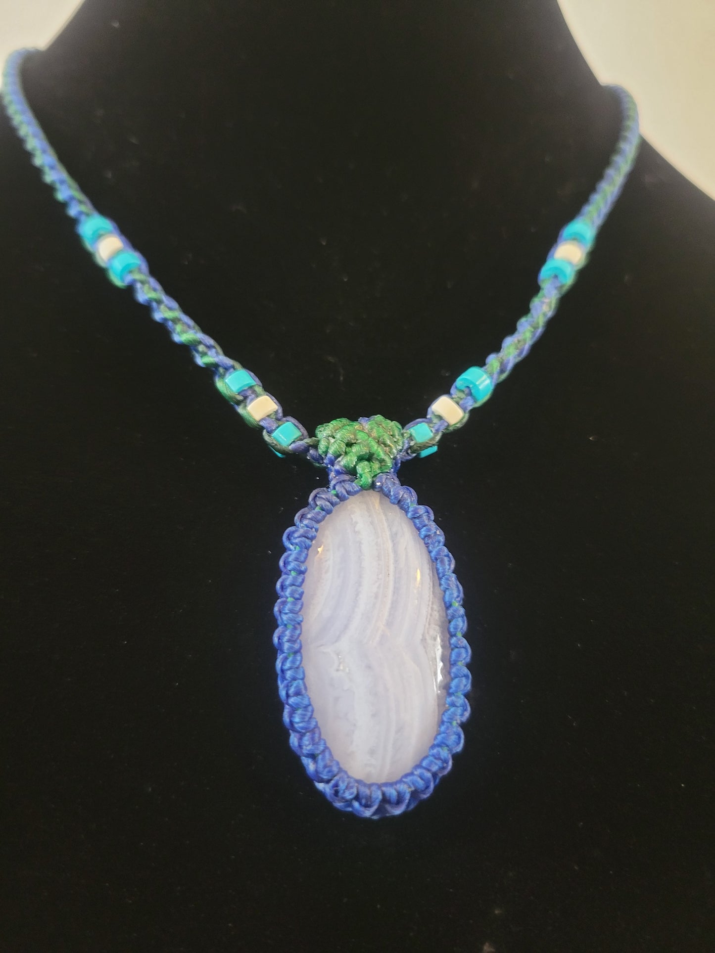 Blue Lace Agate Pendant with Beaded Waxed Cotton Cord