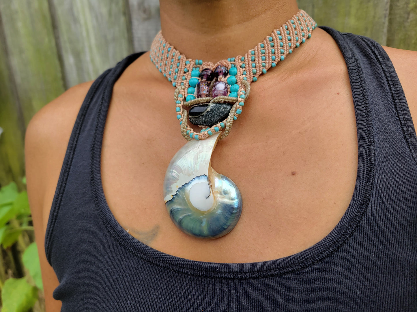 Model with Handmade Nautilus Shell Macrame Choker Necklace with tan cord