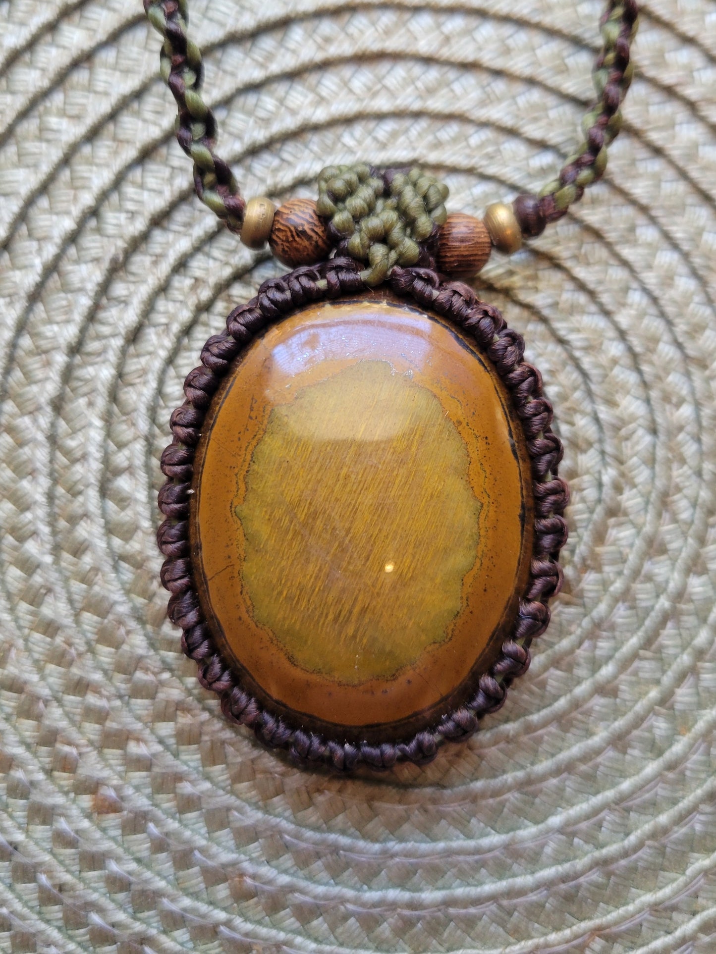 “Earthbound Flame” – Golden Brown Tiger Iron Pendant Necklace, Handpicked by Artist, Adjustable Macramé Wrap