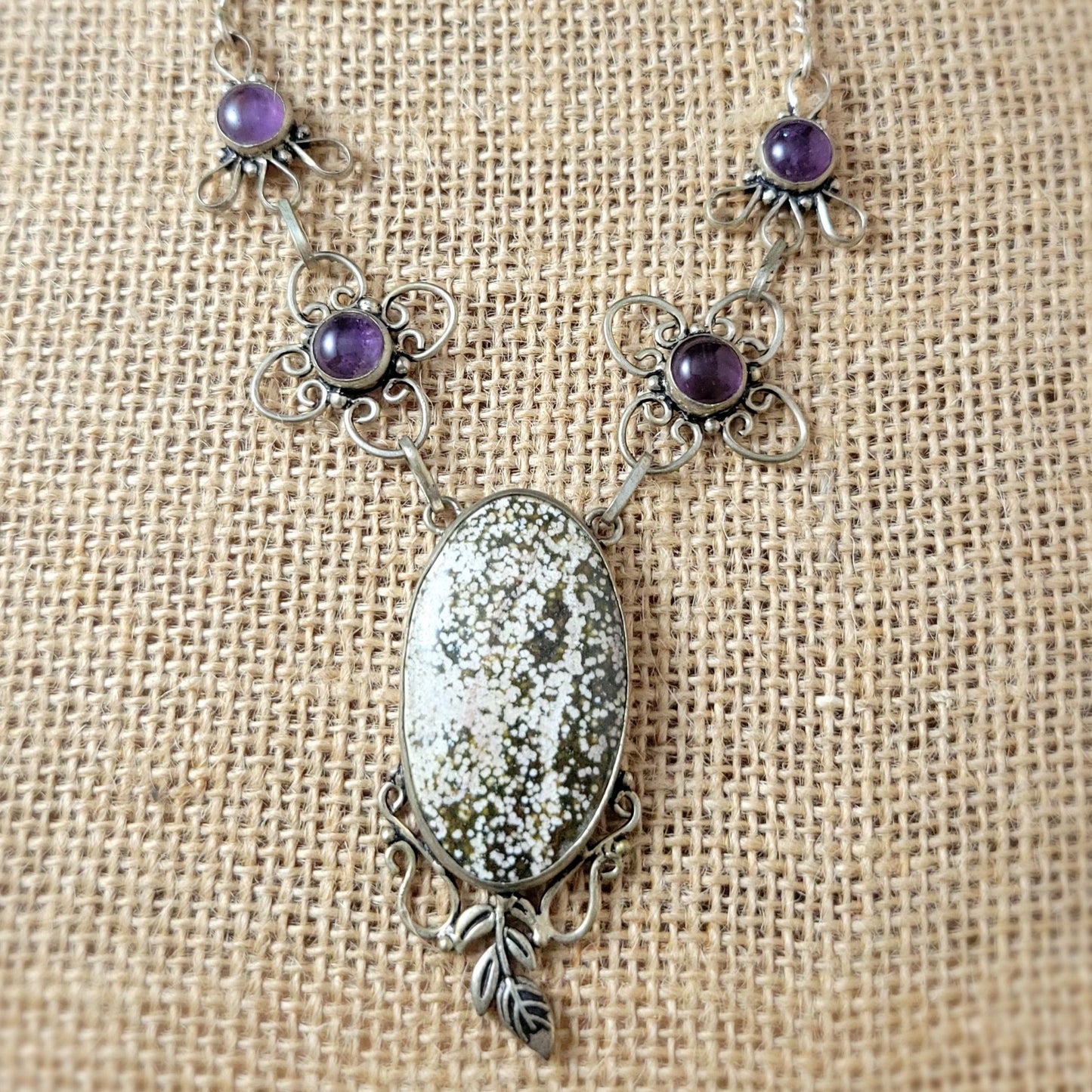 Antique Snowflake Obsidian sterling silver necklace with Amethyst