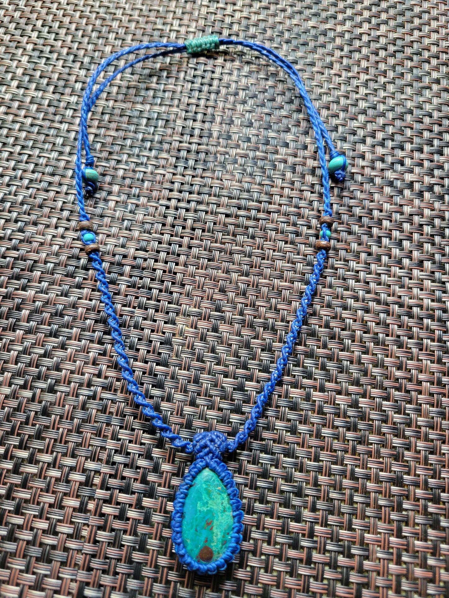 “Painted Waters” – Chrysocolla Pendant Necklace, Bright Blue Macramé Cord, Adjustable Boho Jewelry