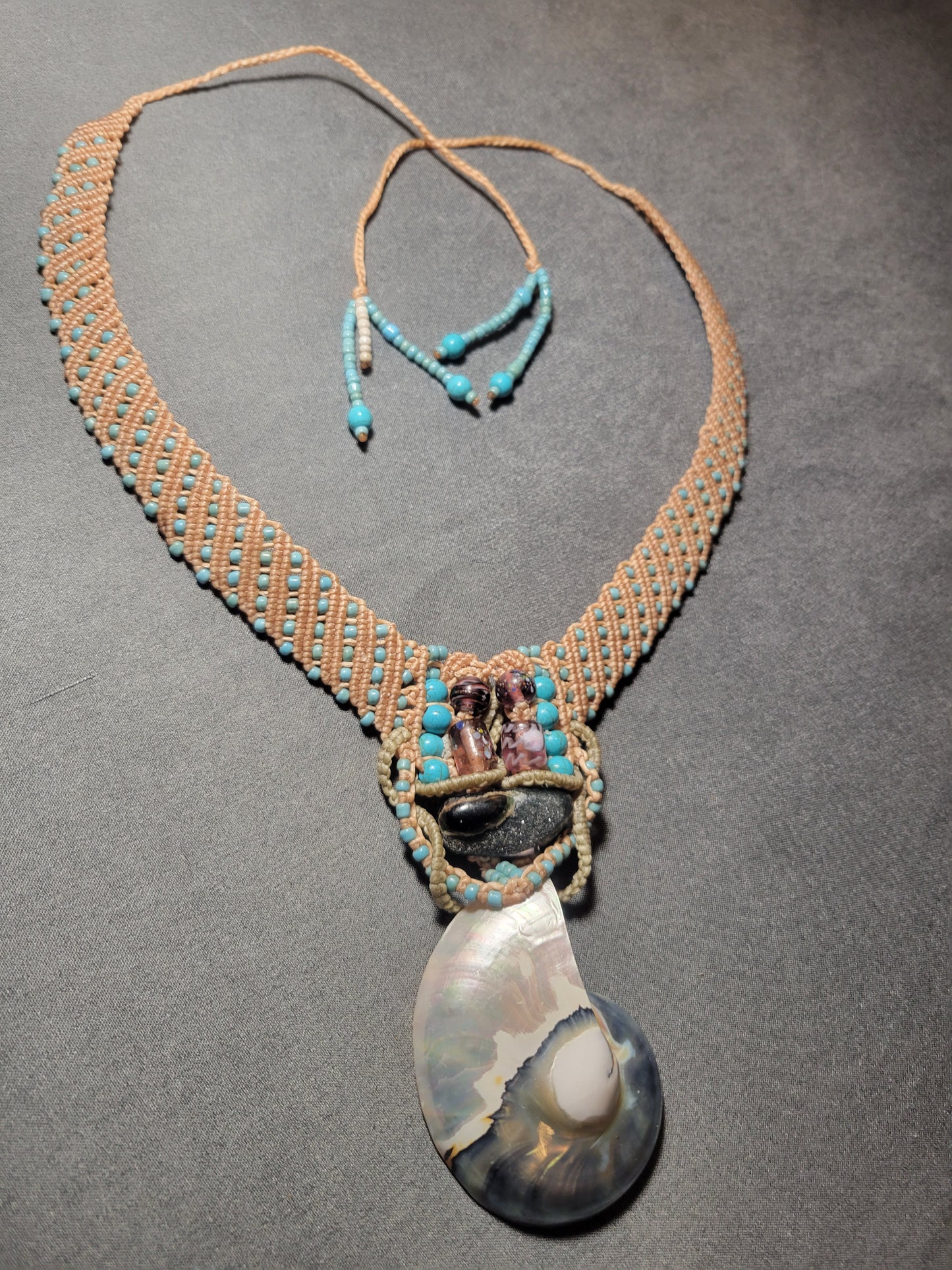 Handmade Nautilus Shell Macrame Choker Necklace with tan cord