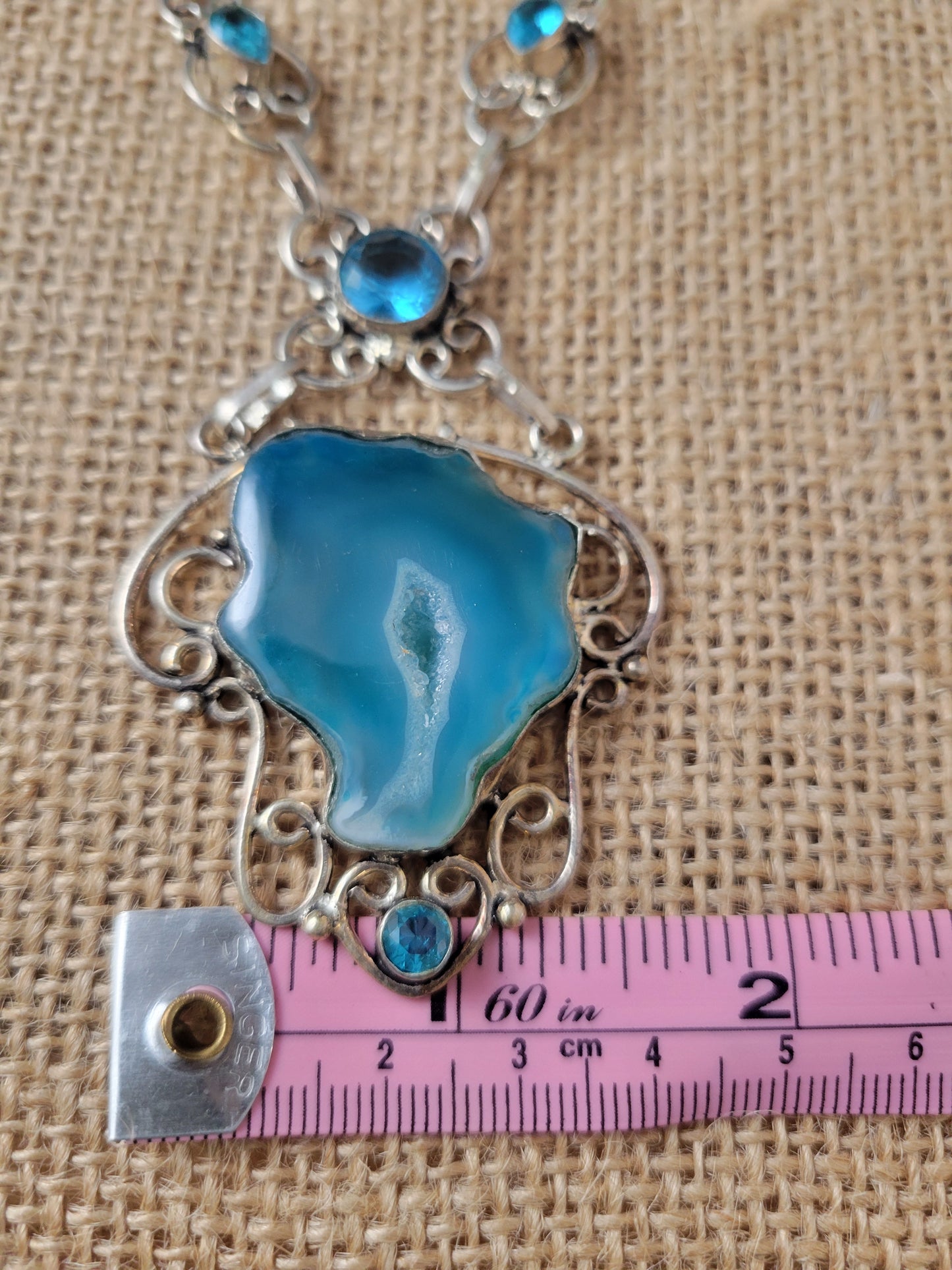 Handmade Druzy Agate and Blue Topaz Pendant Necklace vintage design