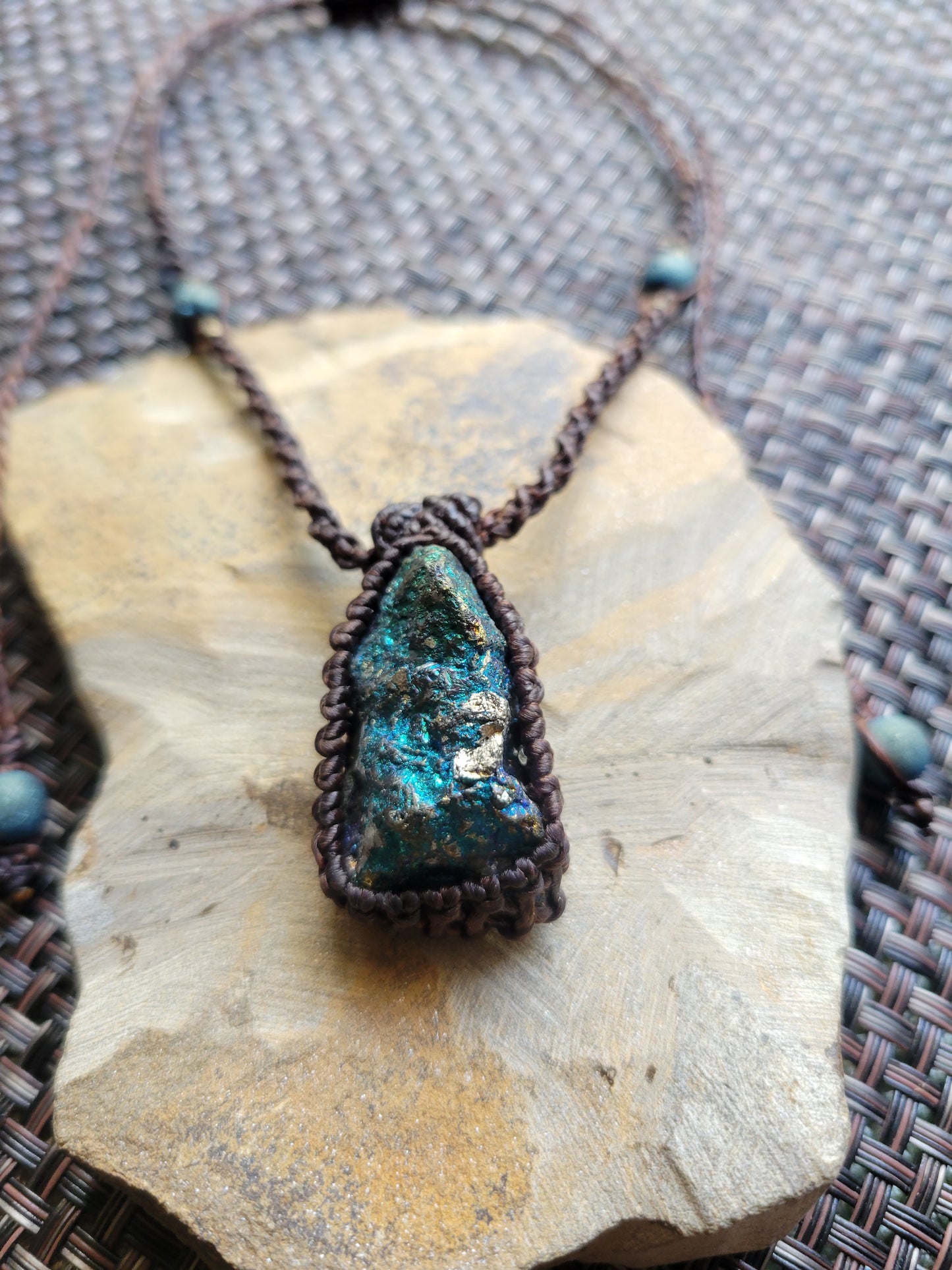 Raw Peacock Ore Necklace – Shimmering Bornite Amulet on Adjustable Braided Cord