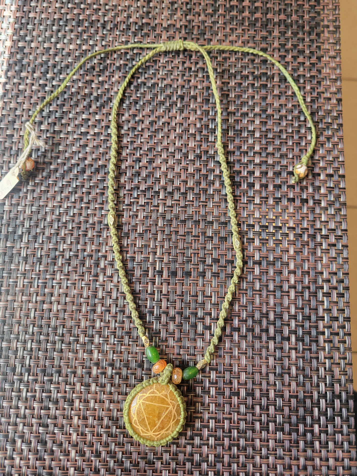 “Solar Spirit” – Orange Manipura Stone Pendant Necklace, Savanna Green Cord with Stone Beads, Adjustable Boho-Hippie Style
