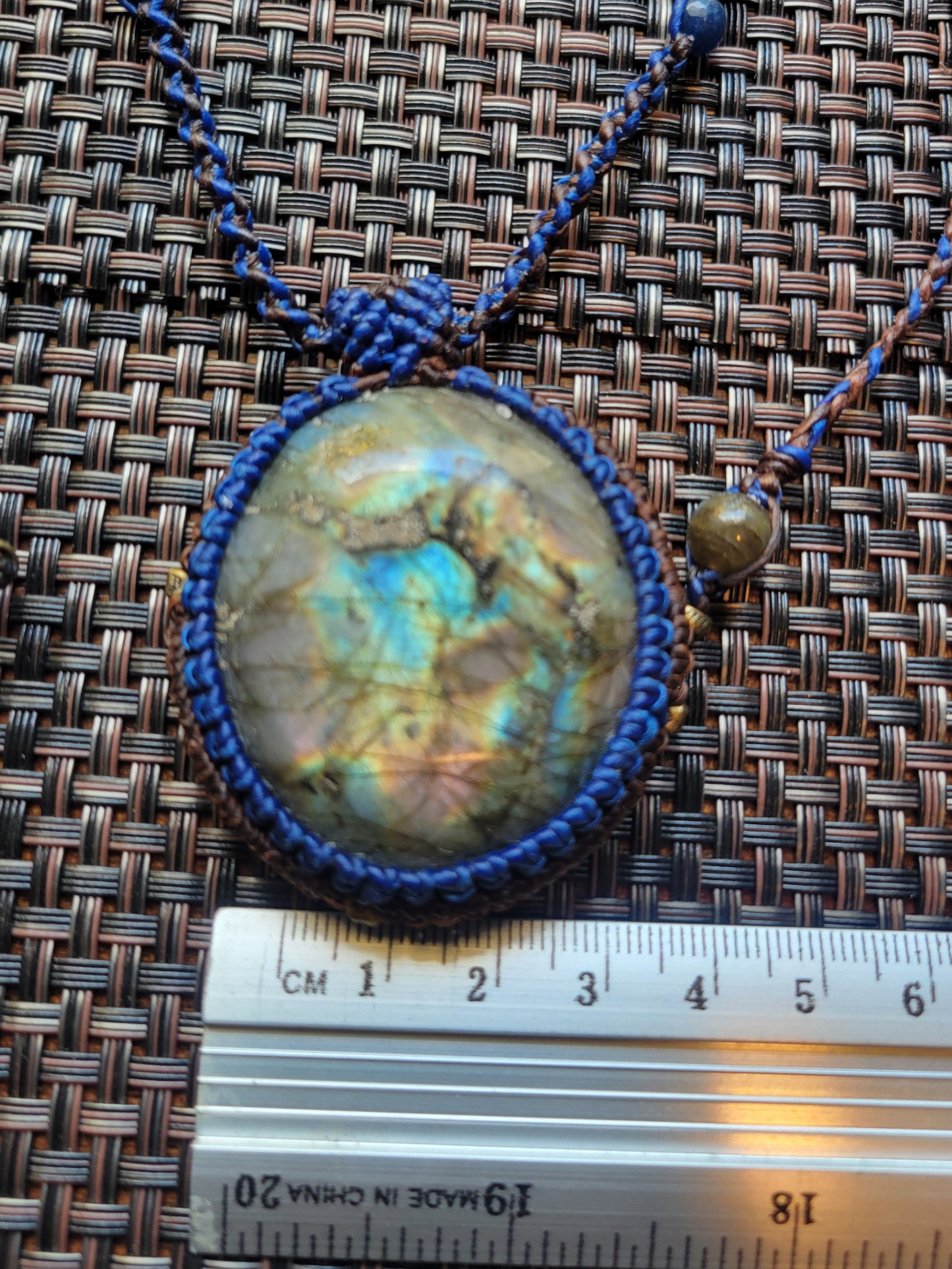 “Cosmic Bloom” – Labradorite Pendant Necklace with Lapis Lazuli Beads, Blue Cord, Adjustable for Spiritual Rebirth
