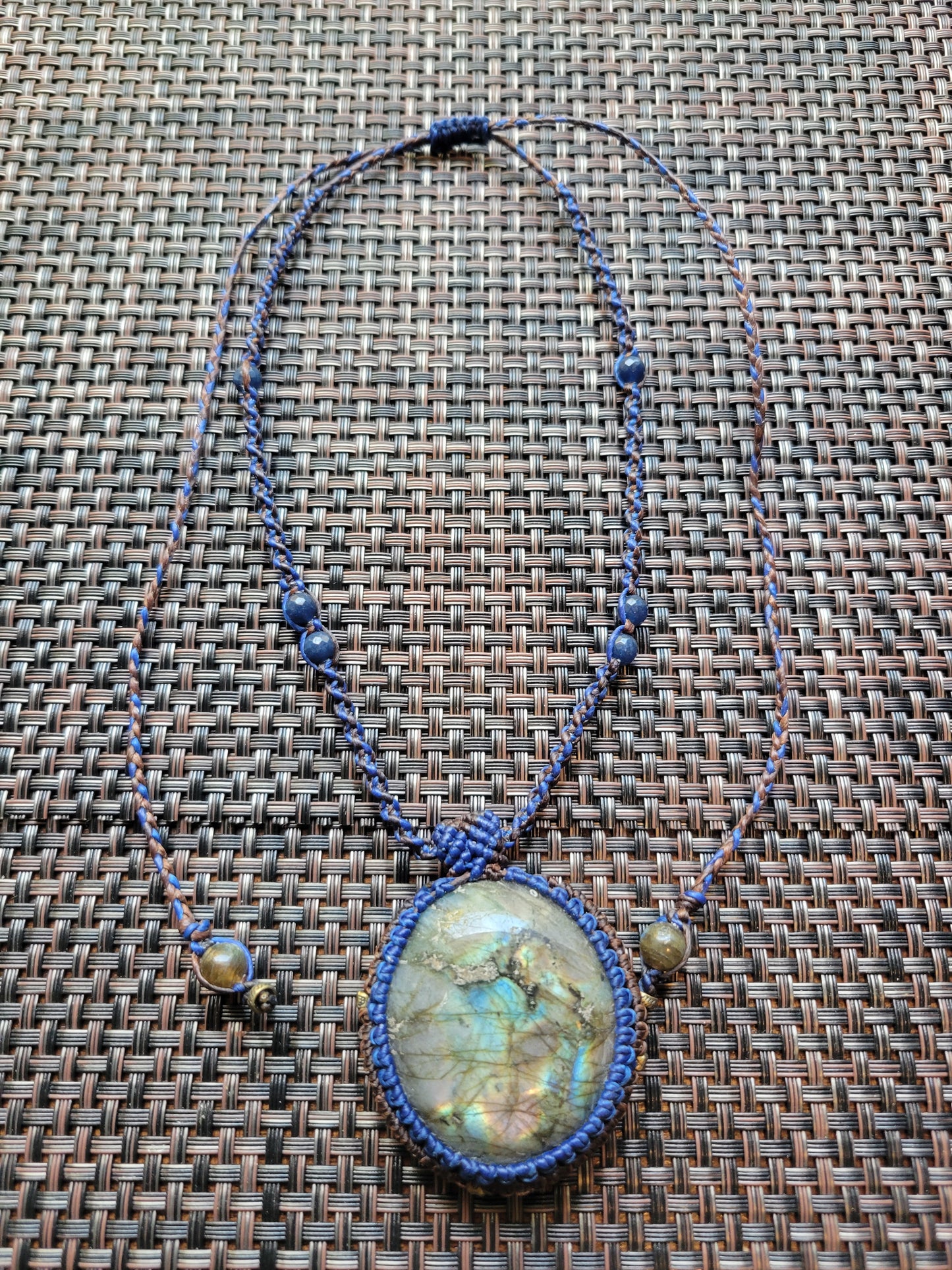 “Cosmic Bloom” – Labradorite Pendant Necklace with Lapis Lazuli Beads, Blue Cord, Adjustable for Spiritual Rebirth