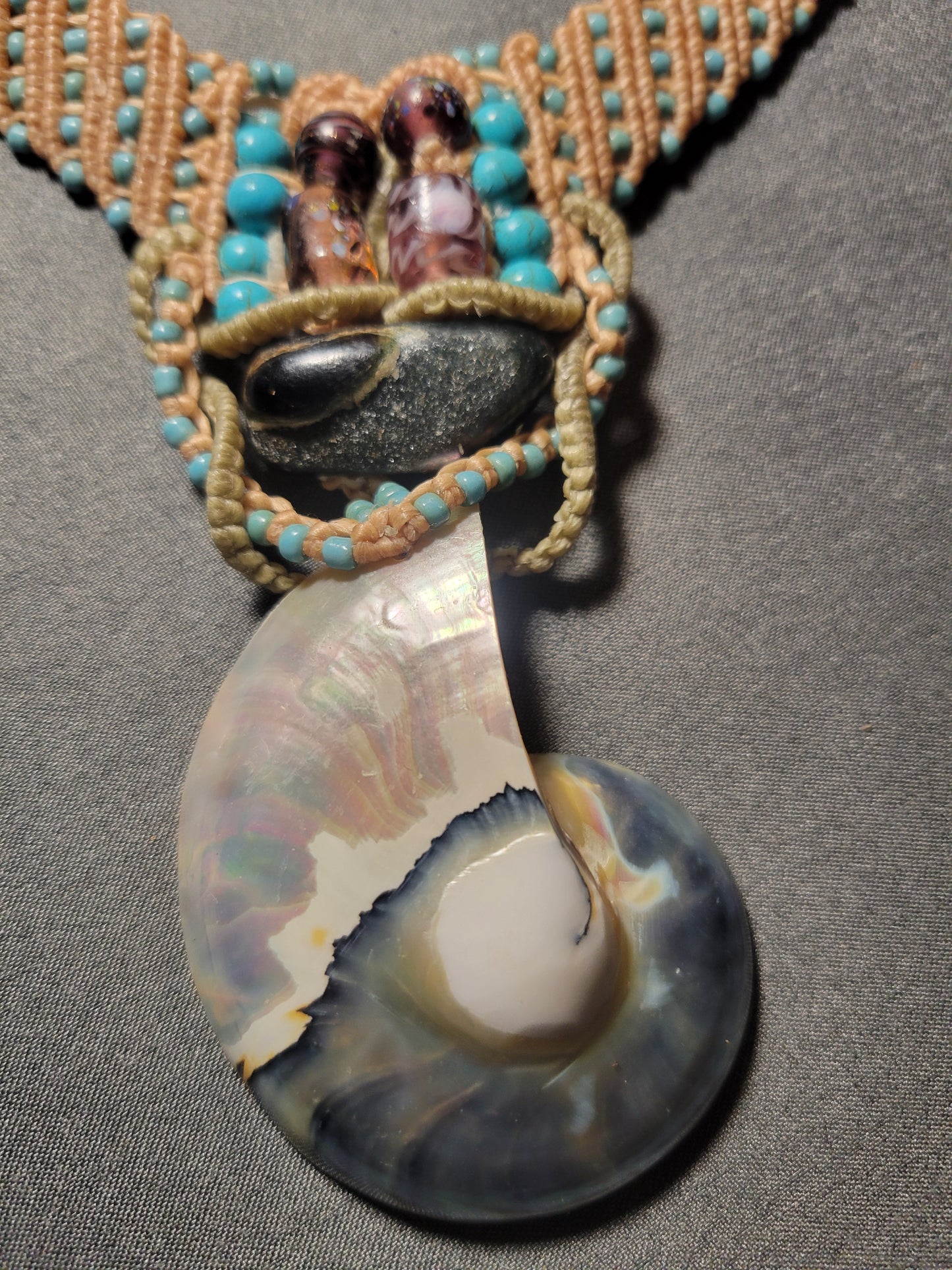 Close-up of Side view of Nautilus Shell Macrame Choker Necklace
