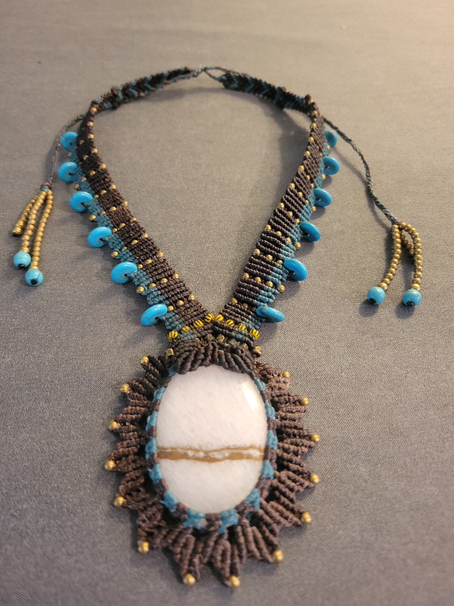 Pink Calcite Pendant Necklace – Brown and Blue Macrame with Antique Brass and Blue Beads