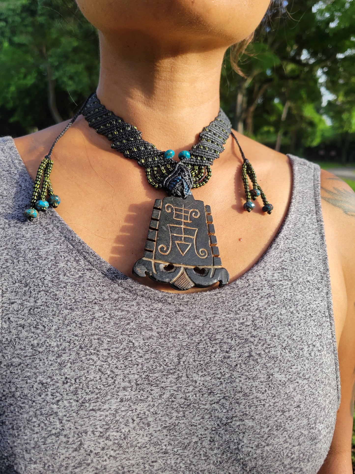 Rare Vintage Black Jade Veve Pendant Necklace-African Amulet