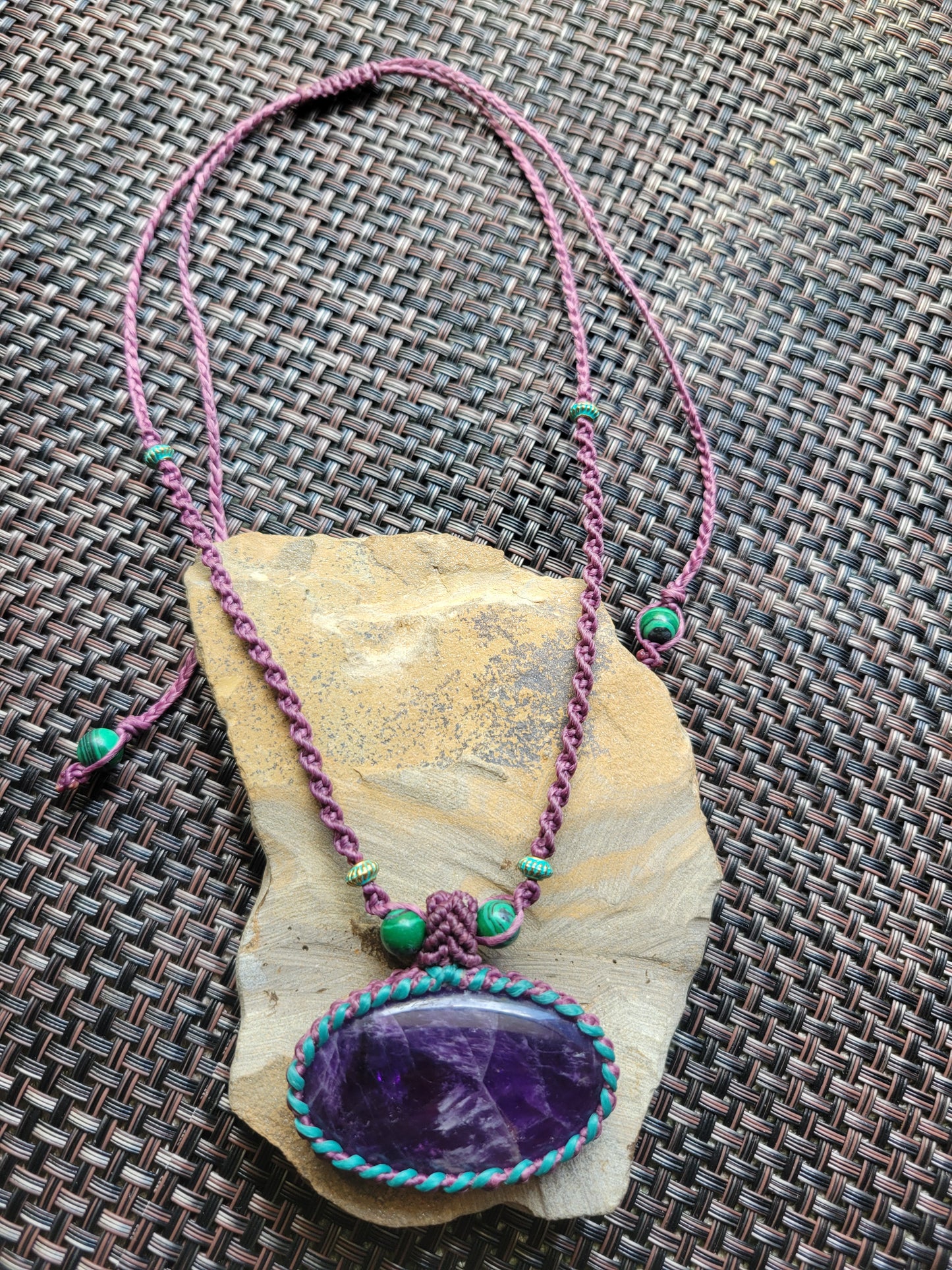 Amethyst Pendant Necklace – Oval Crystal with Malachite Boho Jewelry