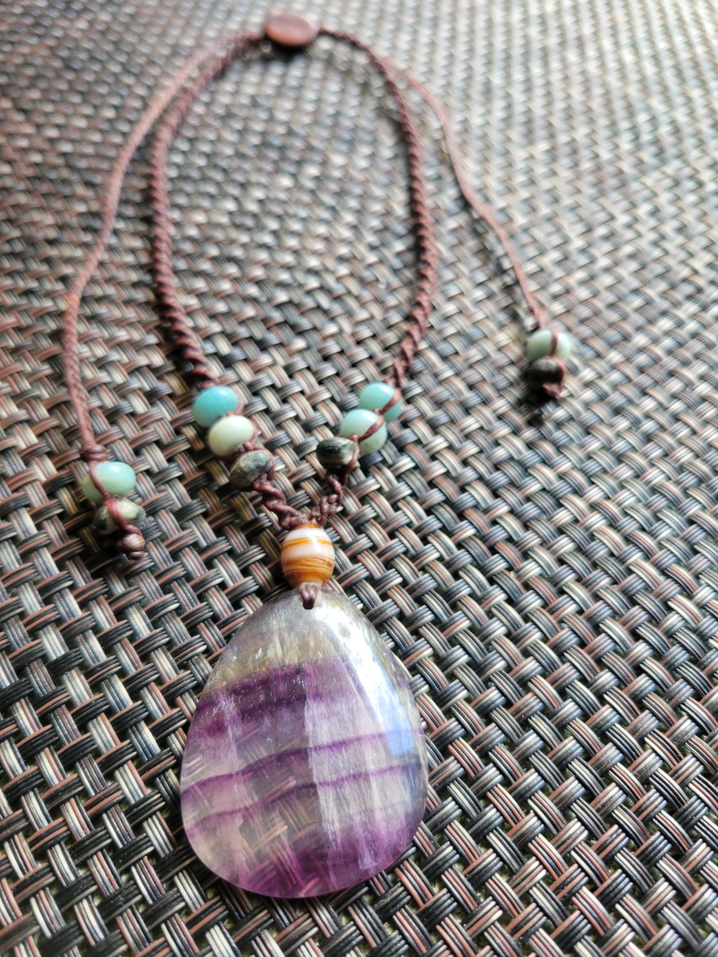 “Spirit Veil” – Purple Banded Fluorite Pendant Necklace, Brown Cord with Multicolored Stone Beads, Adjustable