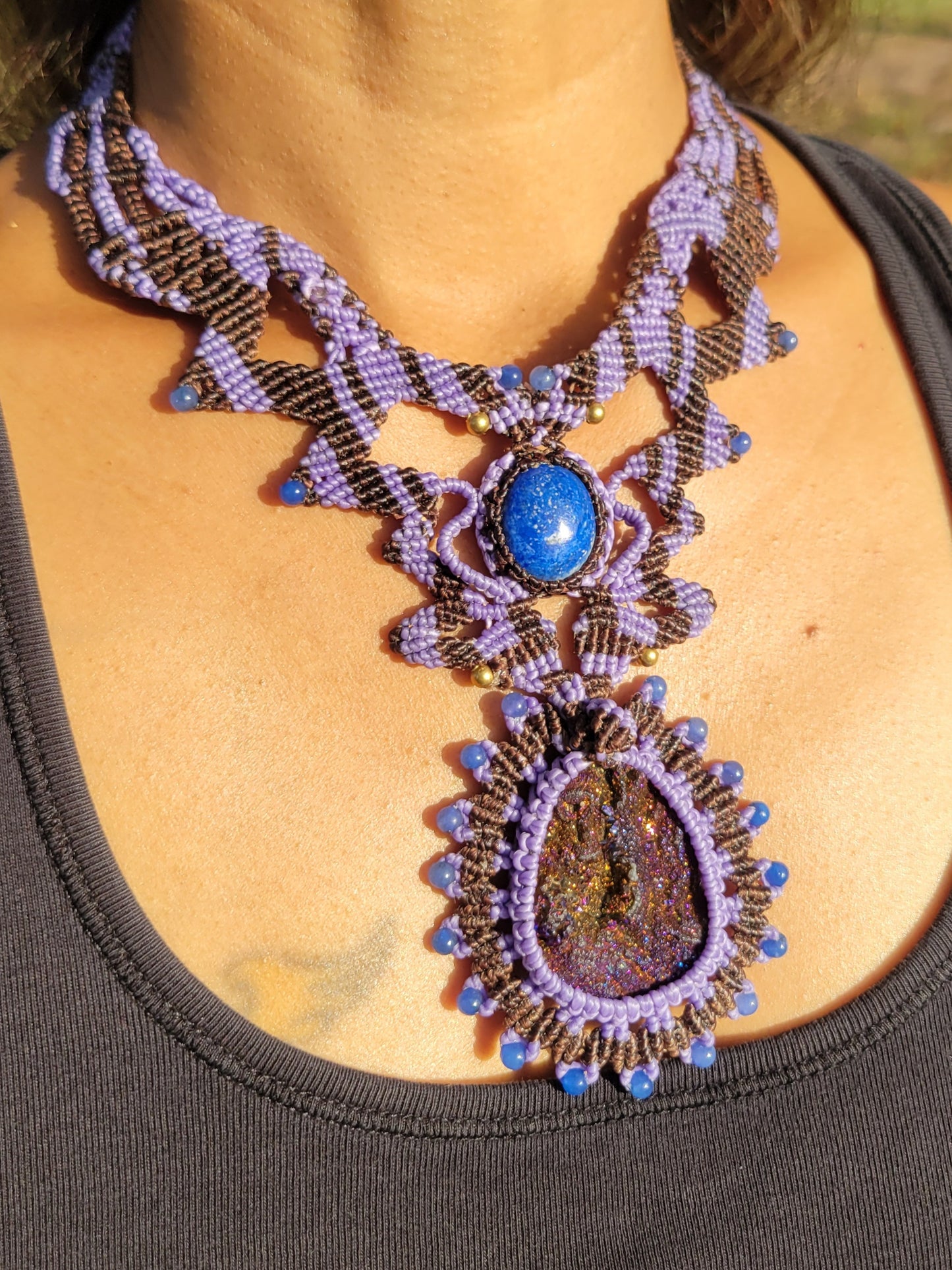 Titanium Aura Druzy and Lapis Lazuli Choker macrame necklace