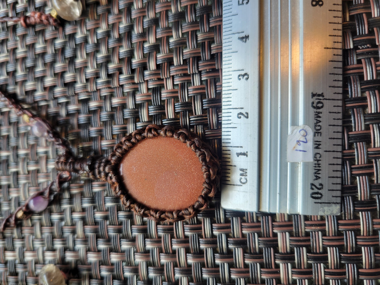 Gold Sandstone Macramé Necklace – Brown Cord Pendant with Quartz Beads, Adjustable Fit