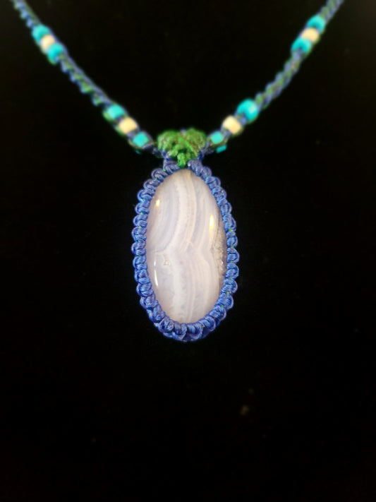 Blue Lace Agate Pendant with Beaded Waxed Cotton Cord