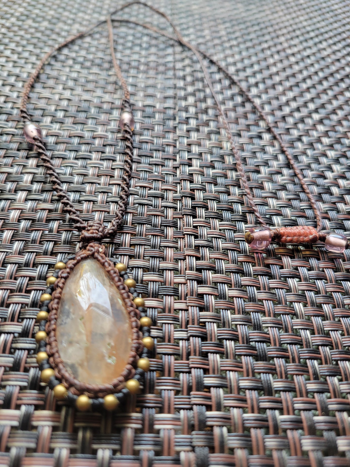 Pink Plume Agate Pendant Necklace – Handcrafted Teardrop Stone with Brass Accents