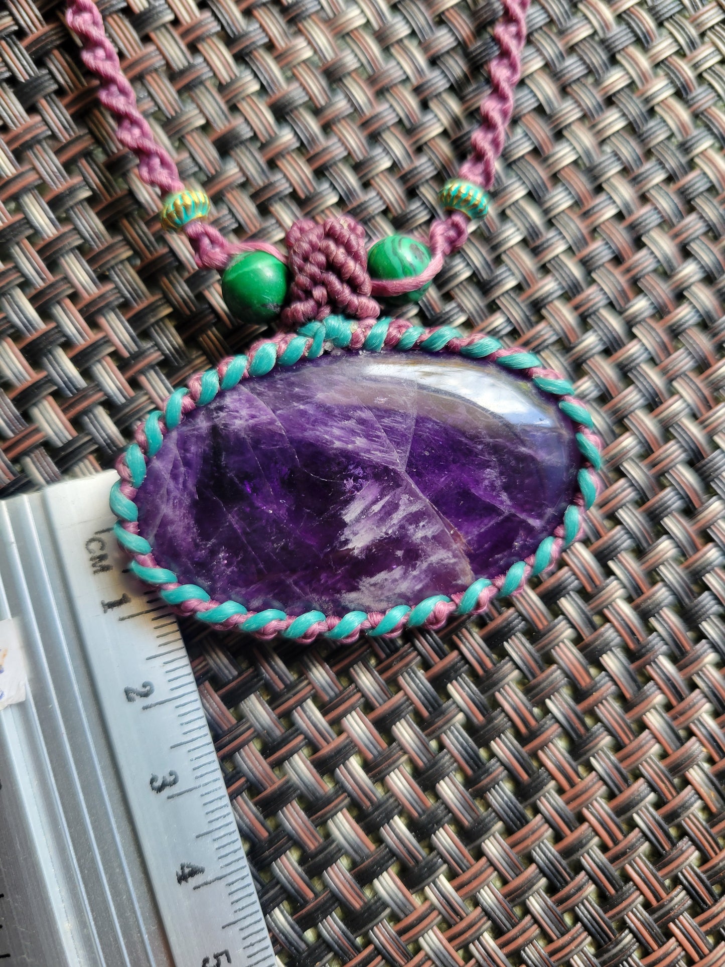Boho Amethyst Pendant Necklace with aquamarine and brown cord