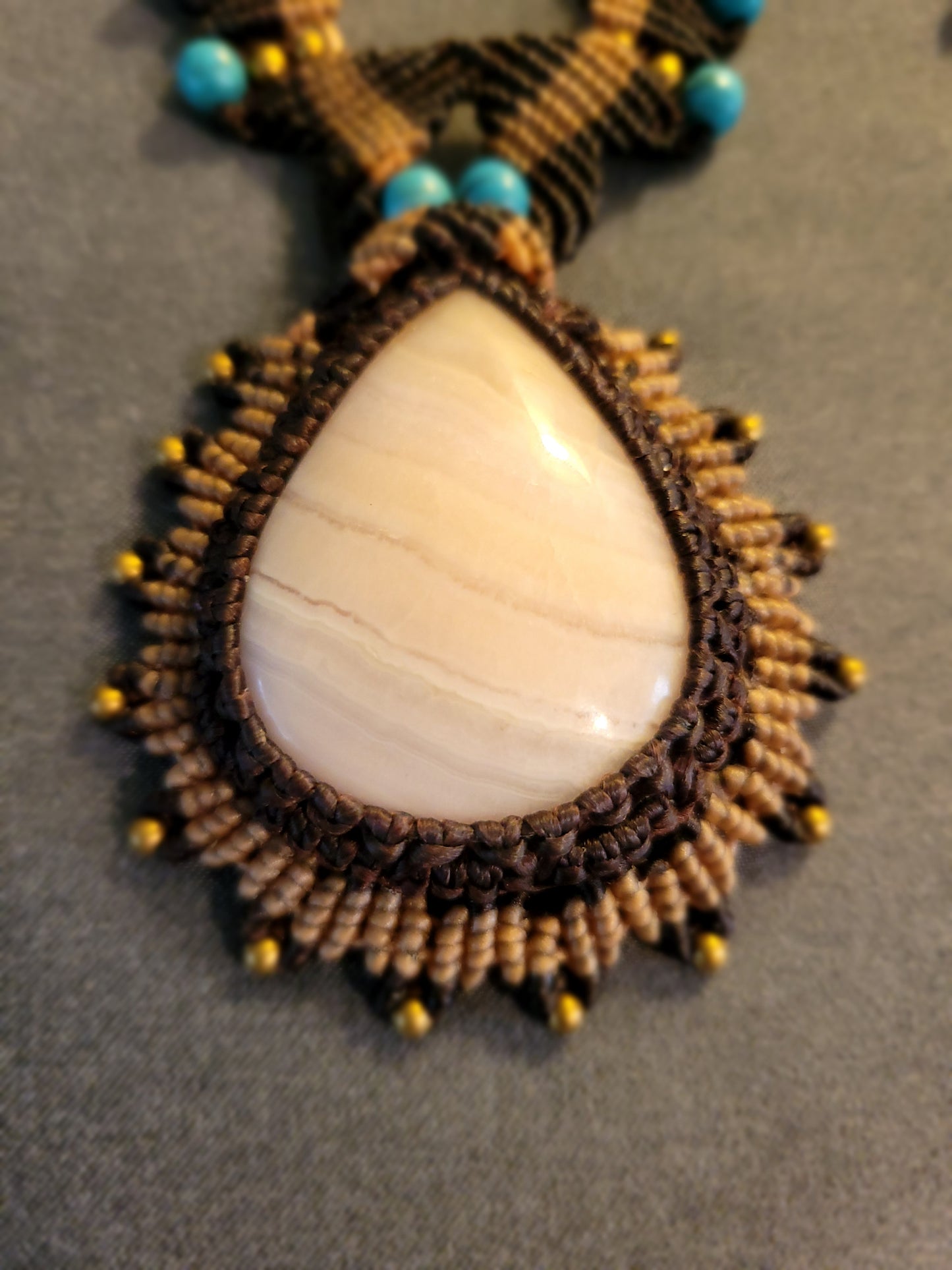 Ornate Pink Calcite Pendant Necklace – Elegant Macramé with Brass & Turquoise Accents