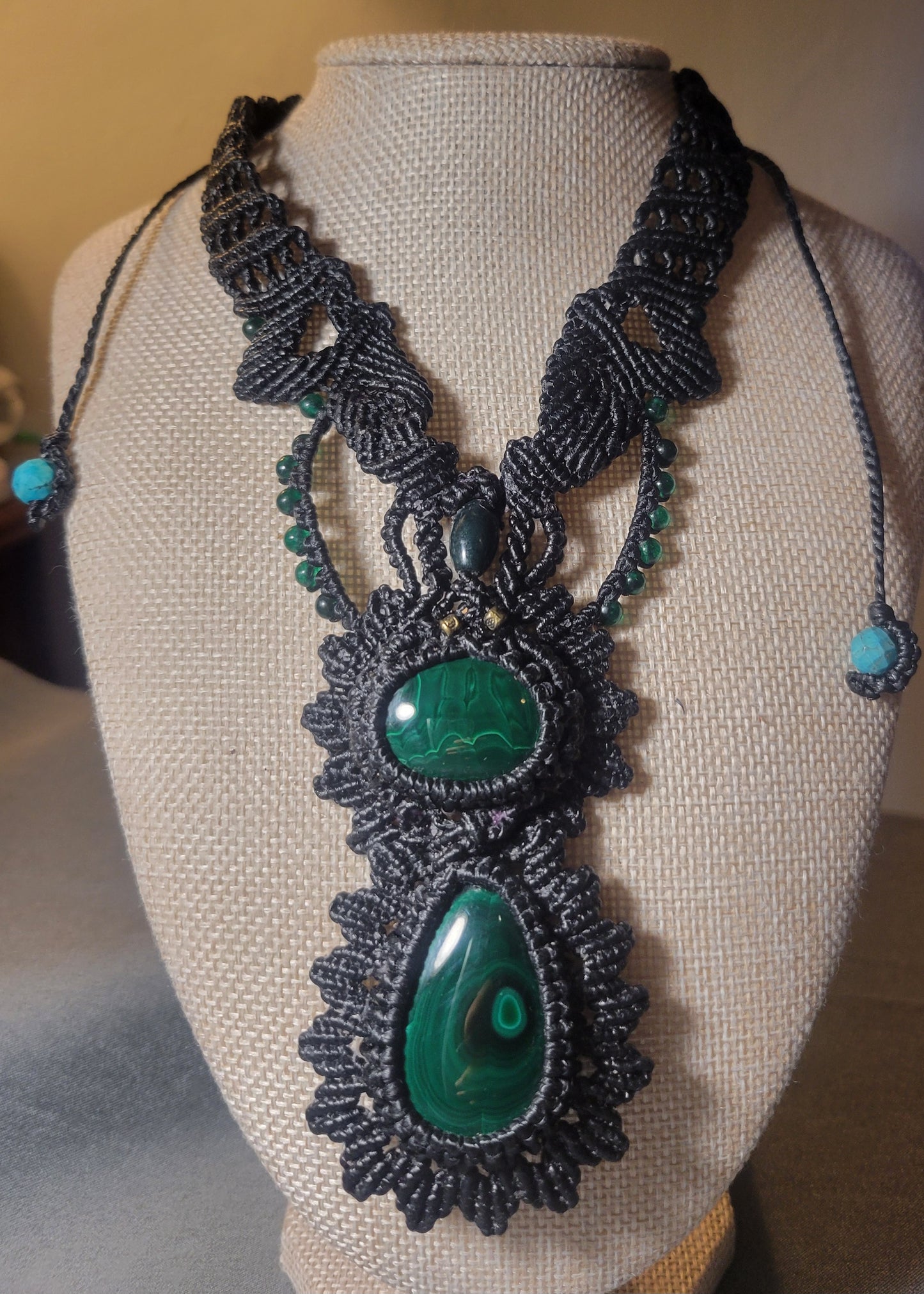 malachite necklace with double mandala pendants