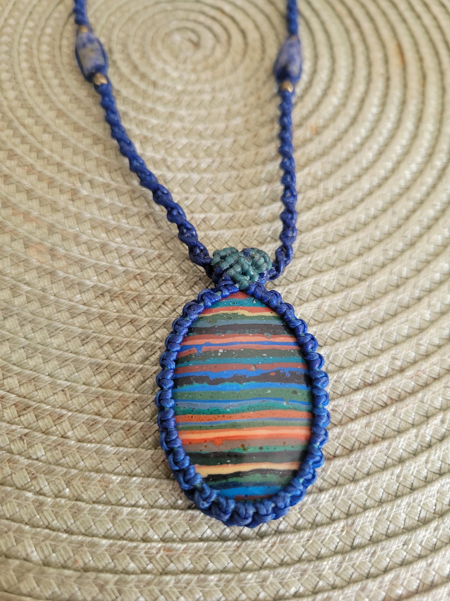 Vivid Rainbow Calsilica Pendant Necklace – Purple Waxed Cotton Cord, Adjustable