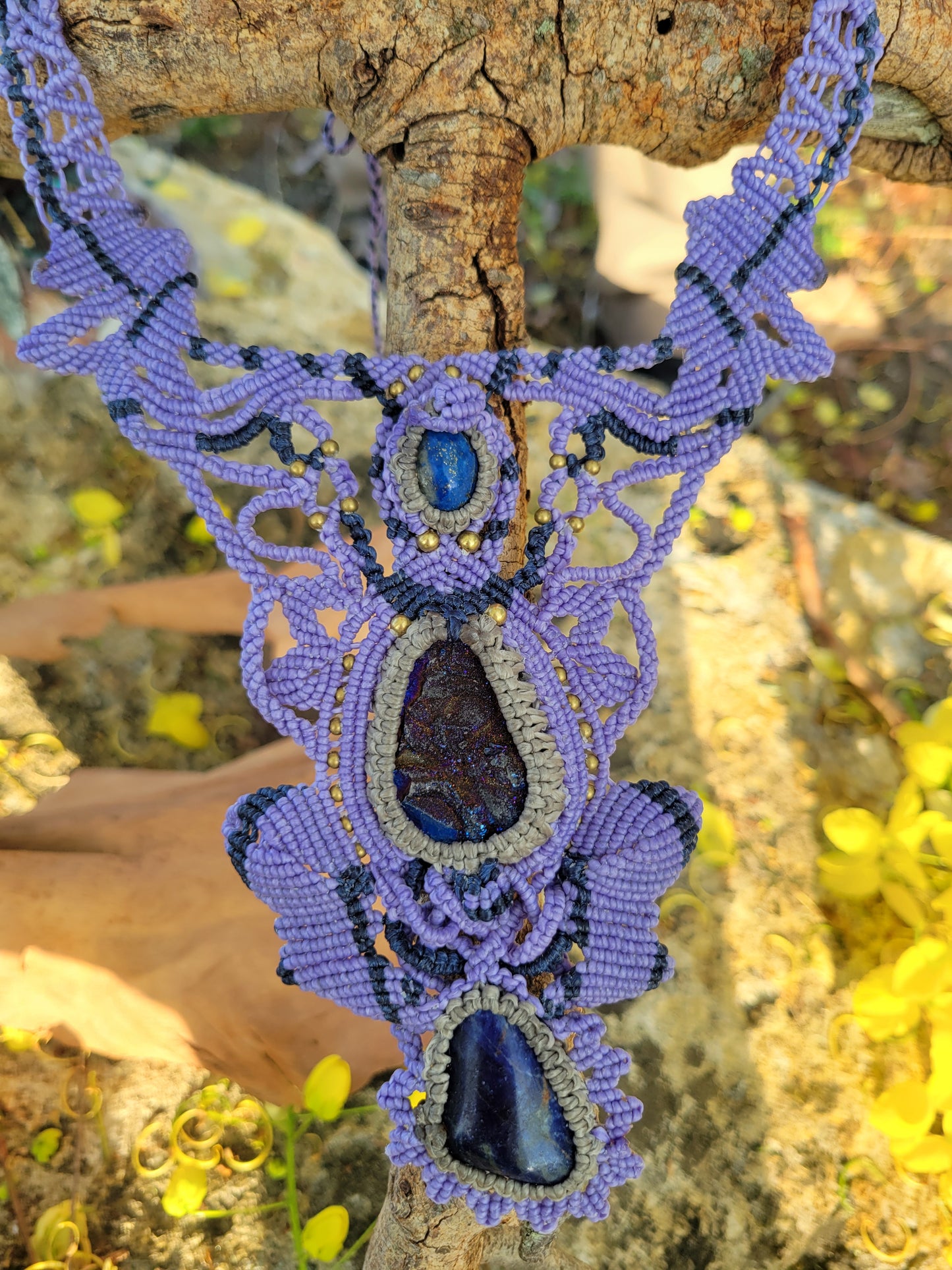 Lapis Lazuli Titanium aura and sodalite riple pendant boho necklace